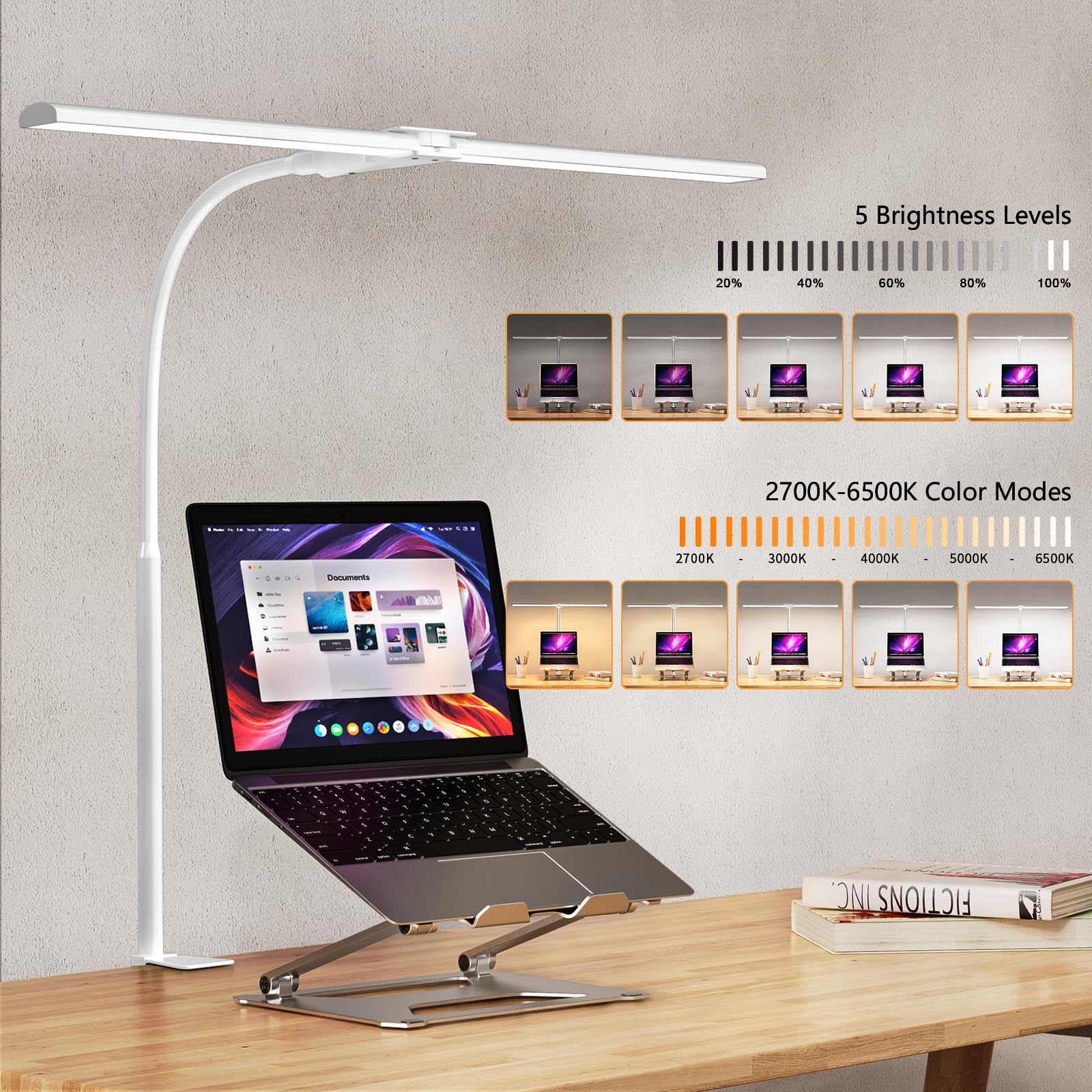 EppieBasic LED Desk Lamp, Double Head Architect Light, 1200LM, Eye Protection, White, Aluminum