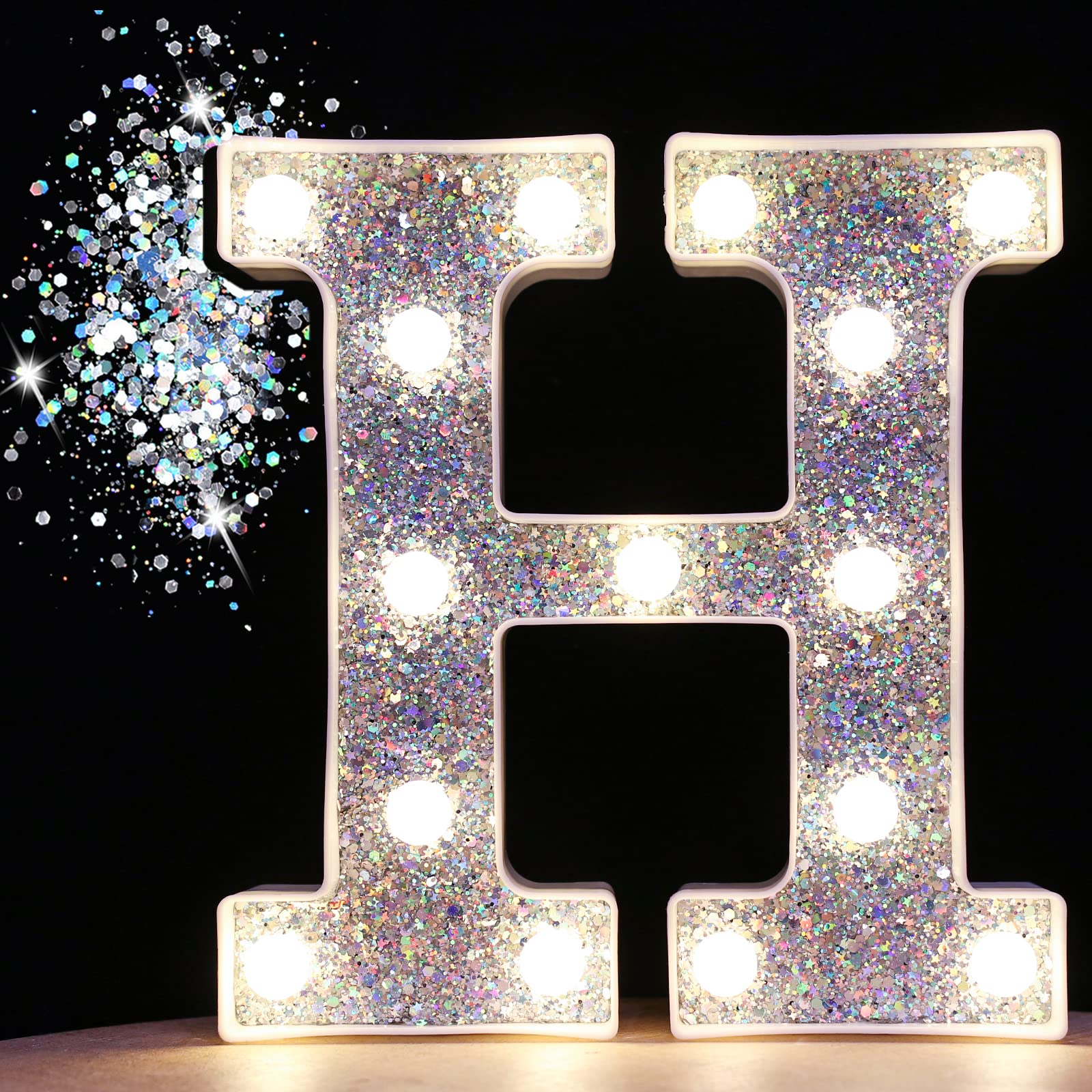 Pooqla LED Marquee Letter Lights, Silver Glitter Alphabet Sign, Battery Powered, for Party & Home Decoration, Letter H