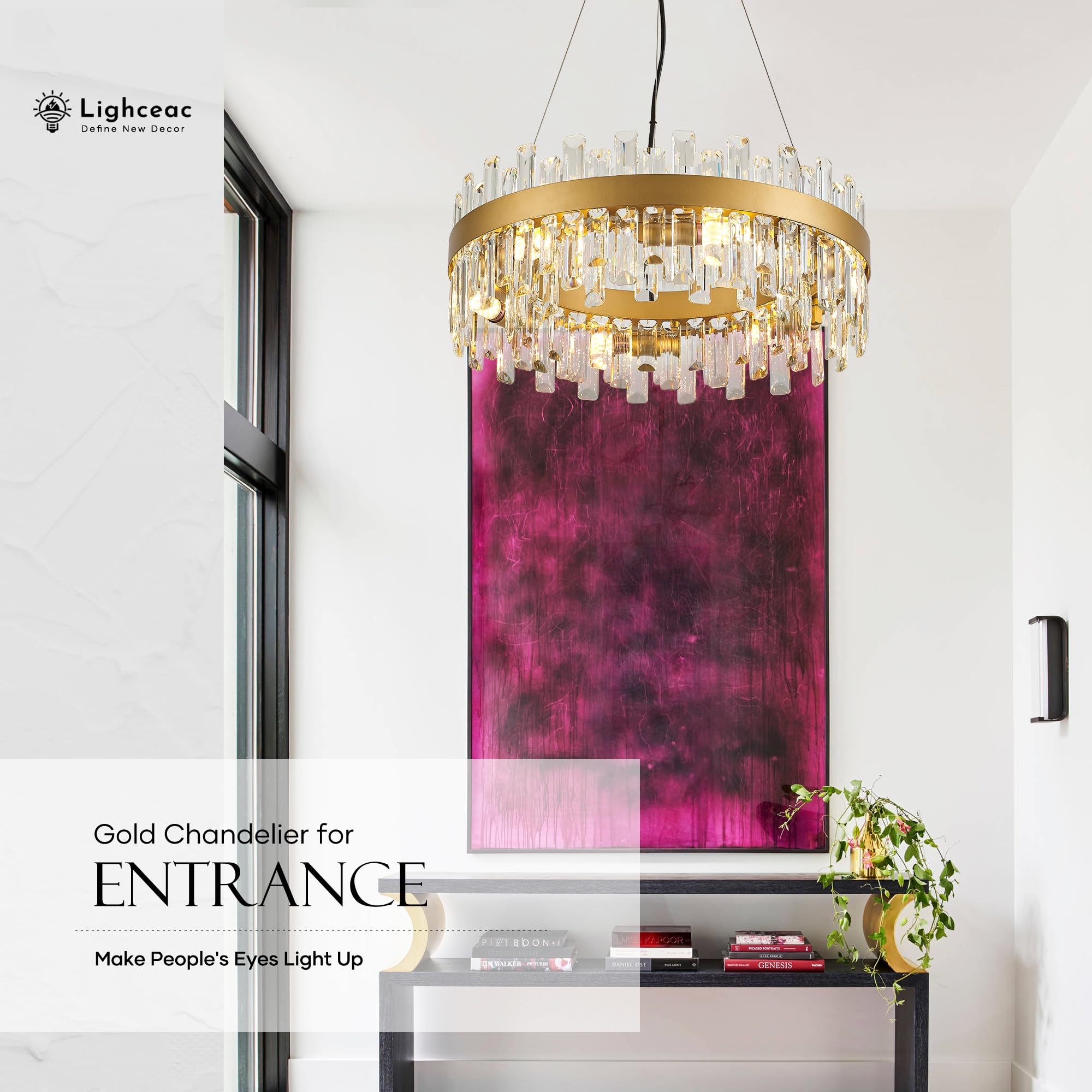 Lighceac 21.7 Gold Modern Crystal Chandelier Light Fixtures stylish 2 Rings Crystal Chandeliers For Dining Room 12-Light Round Hanging Pendant Lighting For Living Room Kitchen Island Entryway Bedroom