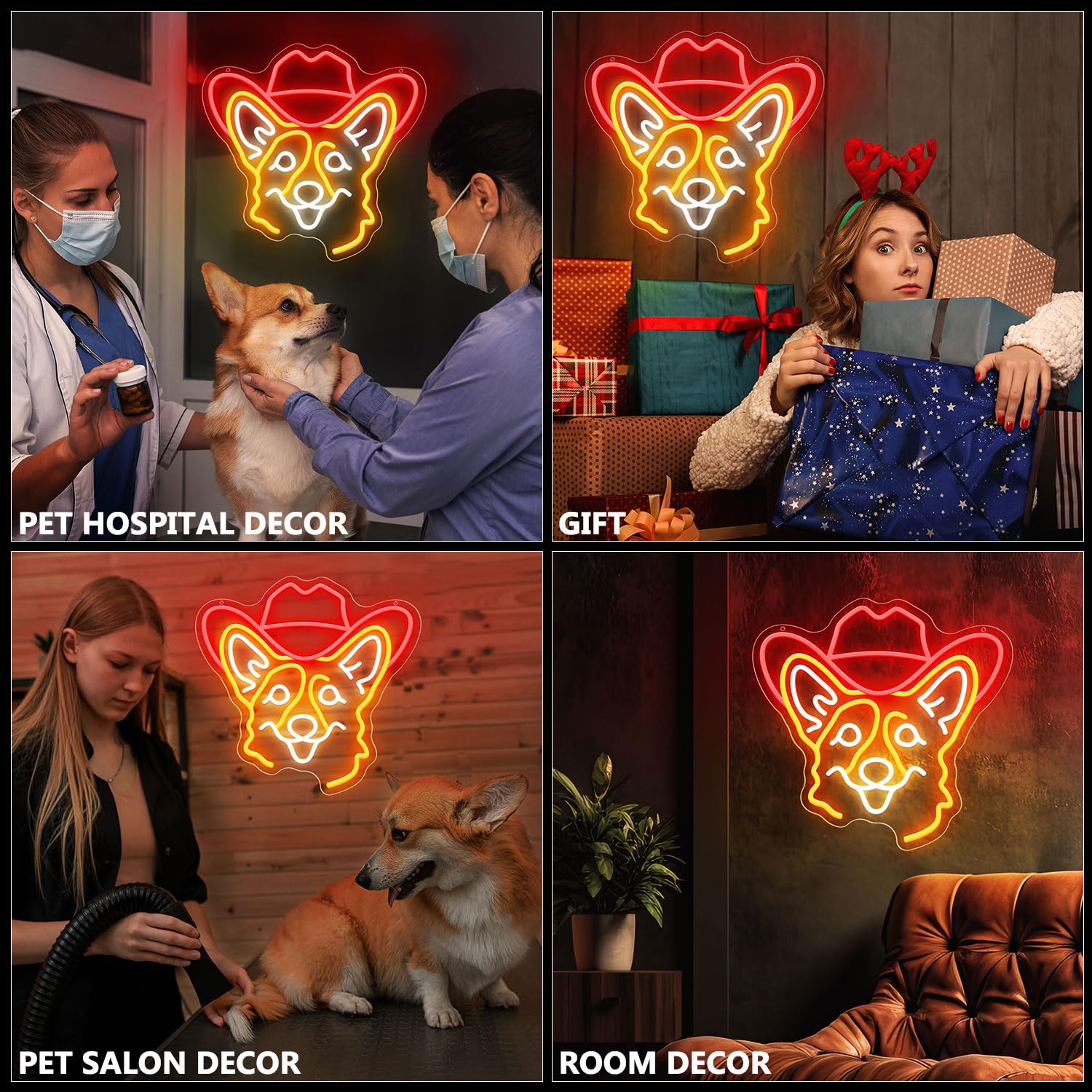 ZLOOREE Corgi Neon Sign, Dimmable LED Light for Wall Decor, 13x12.6 inches, Gold/Red/White, Model ZLOOREE