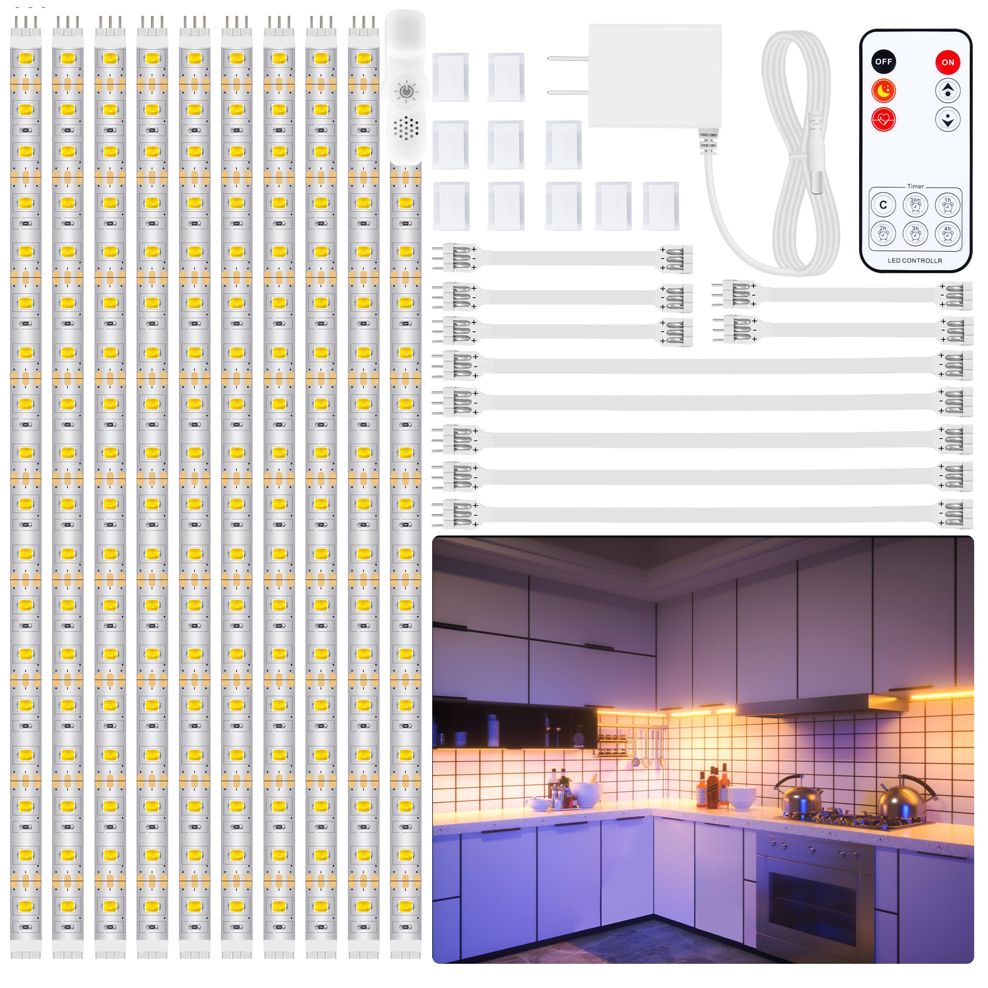 LAFULIT Under Cabinet Lights Kit, 10 PCS Flexible LED Strip, 16.4ft, 2700K Warm White, with Remote and Power Adapter