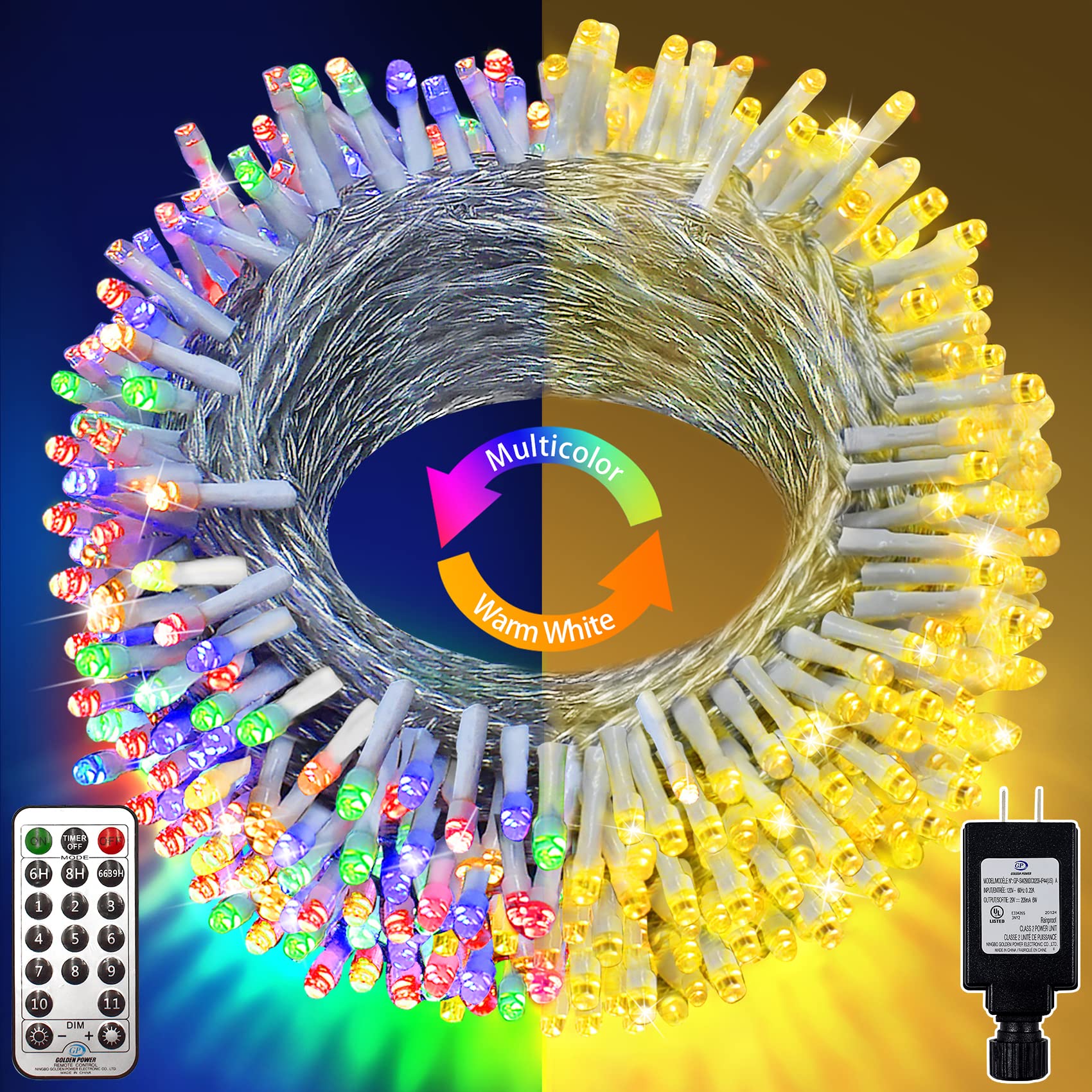 300 LED 99ft Christmas Lights Color Changing String Lights Outdoor, Clear Wire String Light 11 Modes with Remote for Xmas Tree Trunk Yard Porch Deck Wedding Party Decorations Warm White to Multicolor