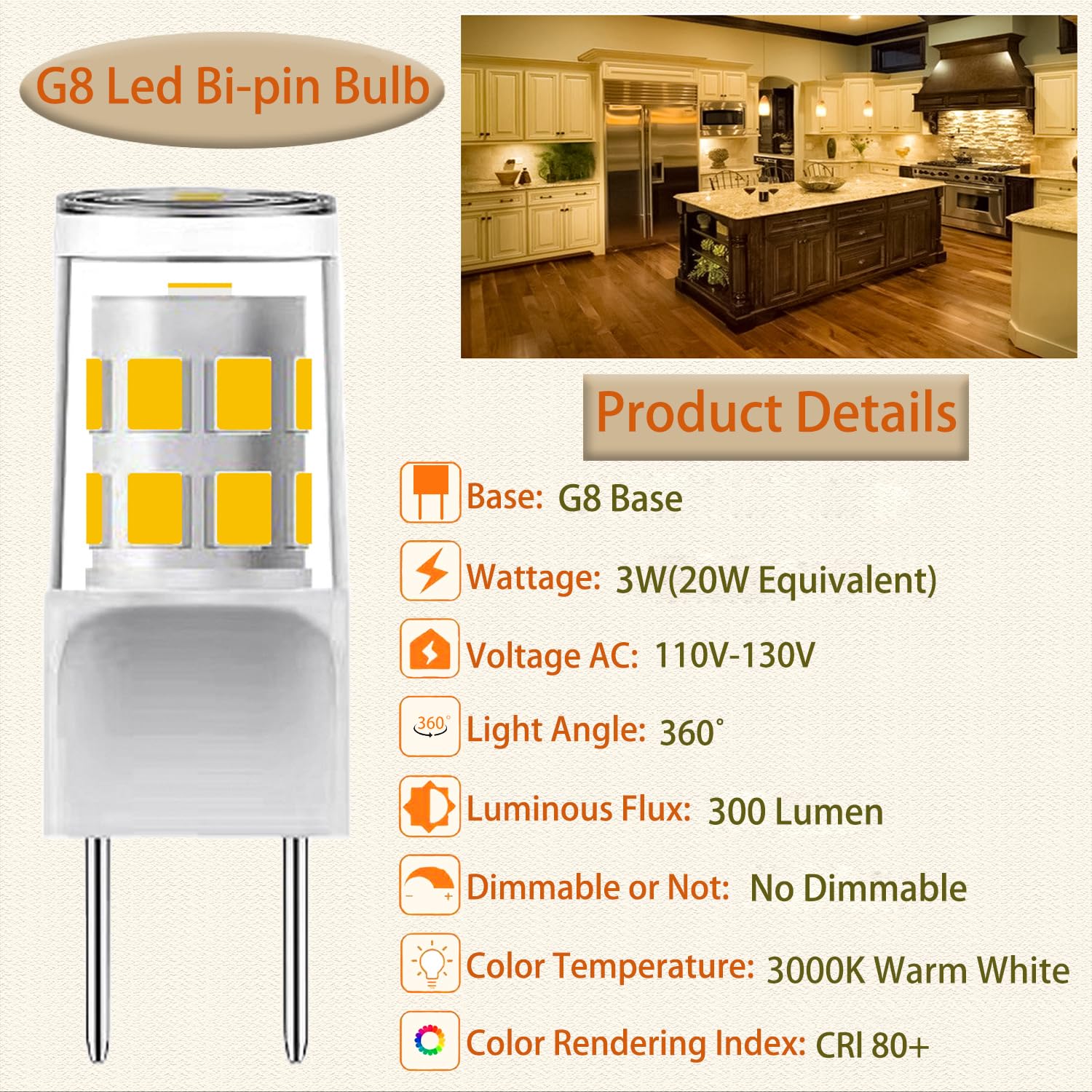 G8 Led Bulb,T4 3W Replacement For 20-25W Halogen Bulb,Warm White 3000K,Gy8.6 Jcd Type Bi-Pin Base,120V,Puck Light Bulb,For Ge Mi