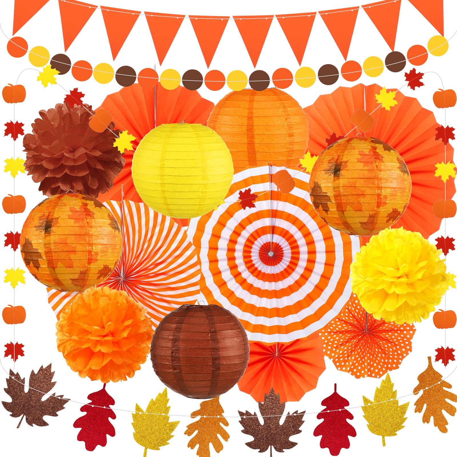 Yexiya 18 Pcs Thanksgiving Fall Party Decoration Includes Fall Paper Lanterns Autumn Paper Fans Pompoms Maple Leaf Garlands Flower Balls Hanging Ceiling Decorations For Thanksgiving Harvest Wedding