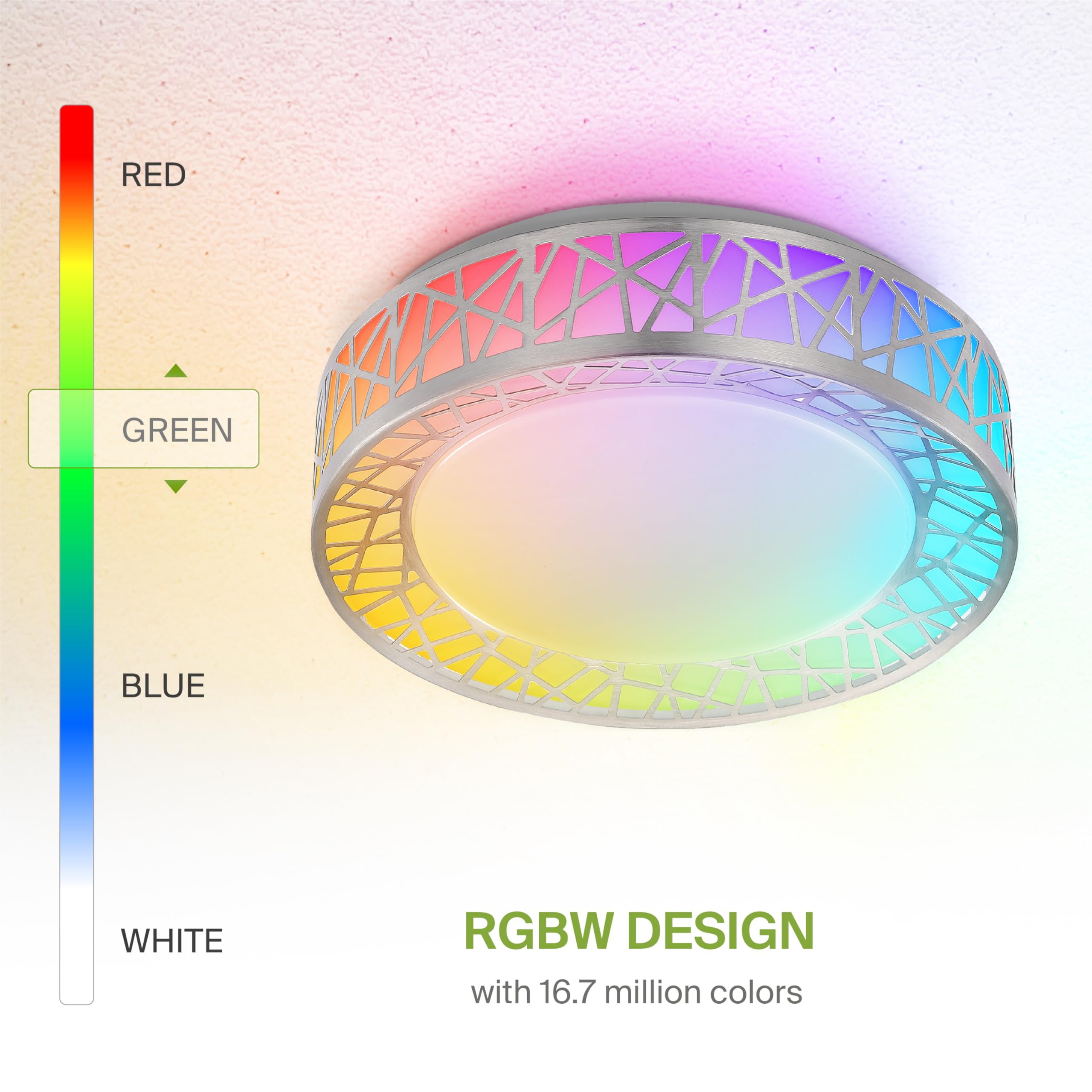 ASD Smart RGBW Flush Mount Ceiling Light, 20W, Dimmable, 12in, Brushed Nickel, WiFi Control, Model A-LFM12D20SRGBW-N