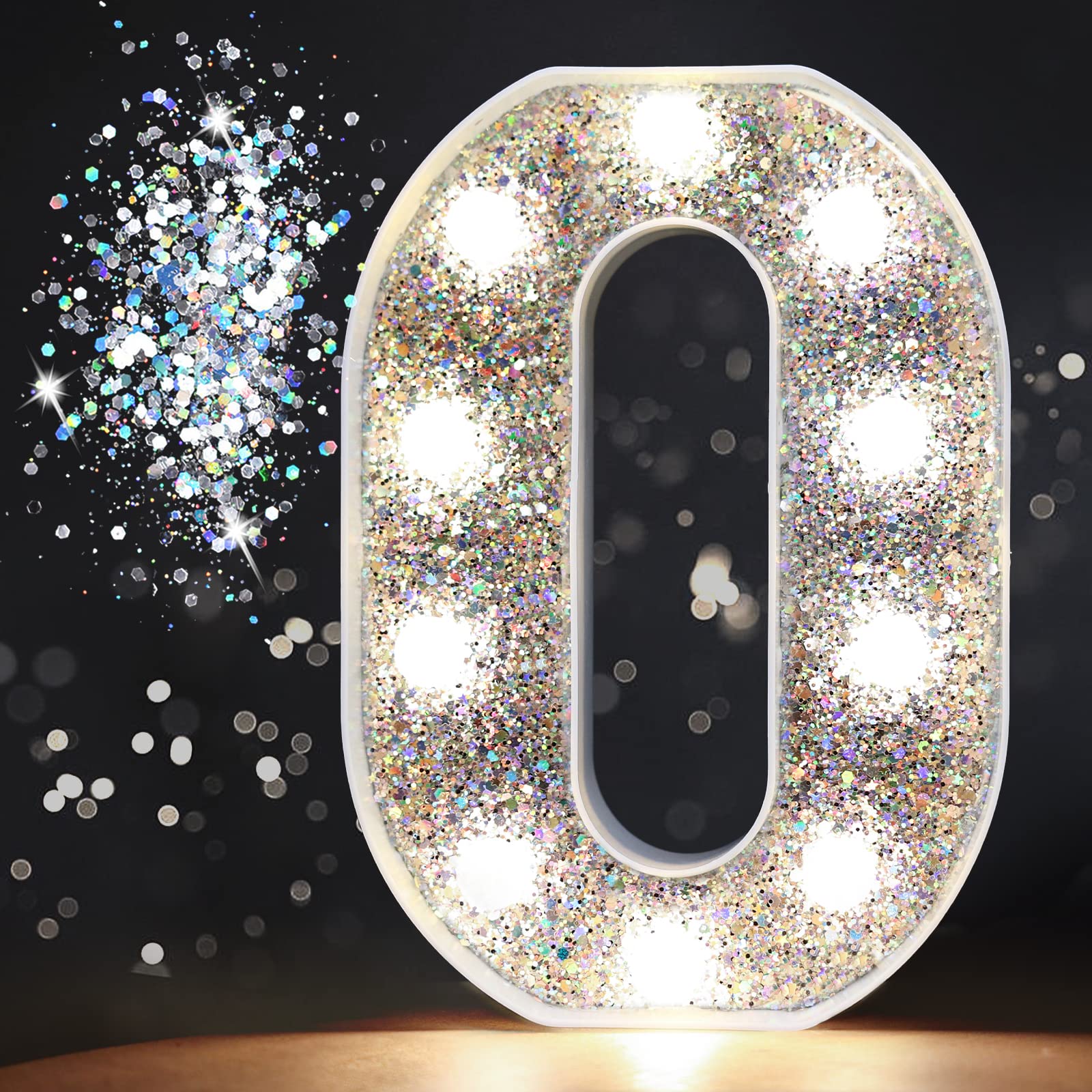 Pooqla LED Marquee Letter Light Sign - Sequin Silver Glitter Letter O, Battery Powered for Birthday Party and Home Decor