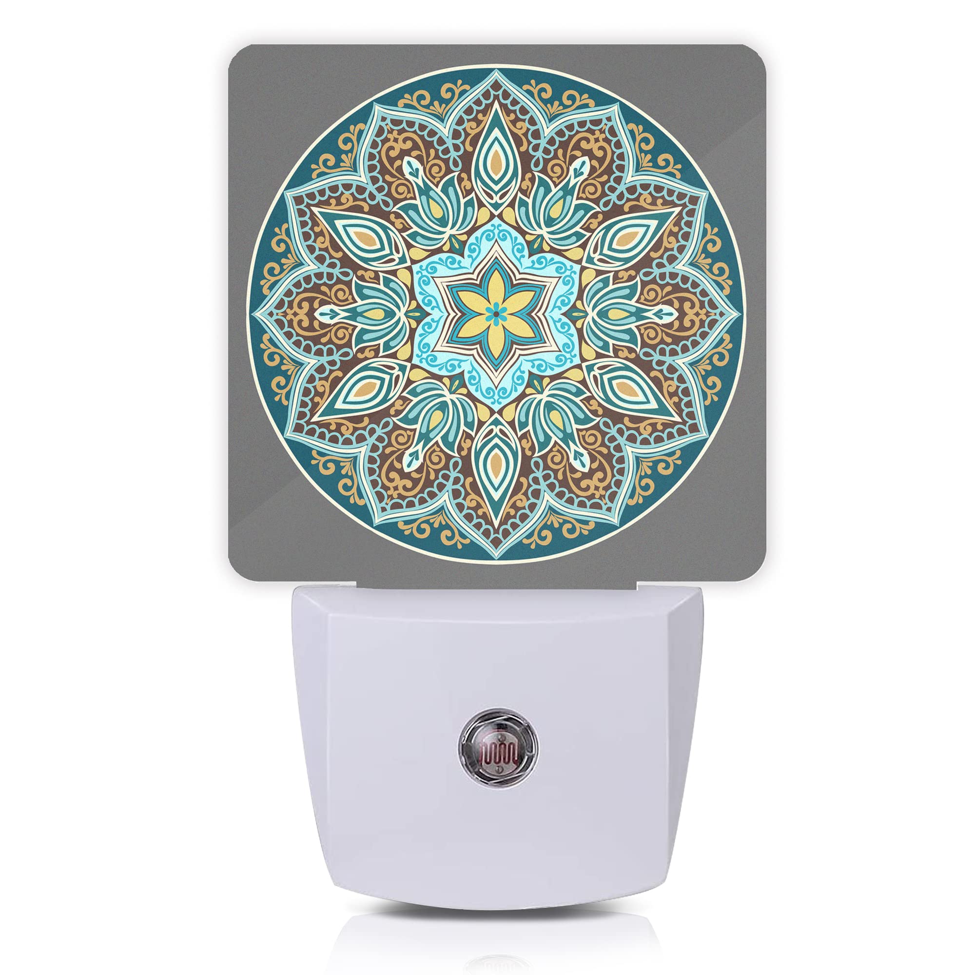 Oeaskly Mandala Floral Night Light,Yellow and Brown Ethnic Style Plug-in Night Lights with Dusk-to-Dawn Sensor for Stairway/Hall