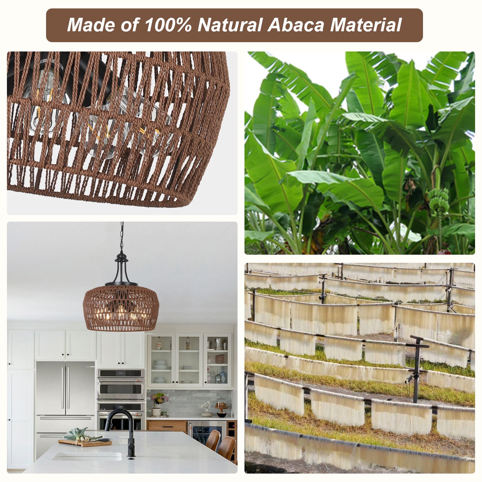 Hmvpl Coffee Rattan Chandeliers For Dining Room, 5-Light Coastal Chandelier With Wicker Lampshade, Large Farmhouse Light Fixture