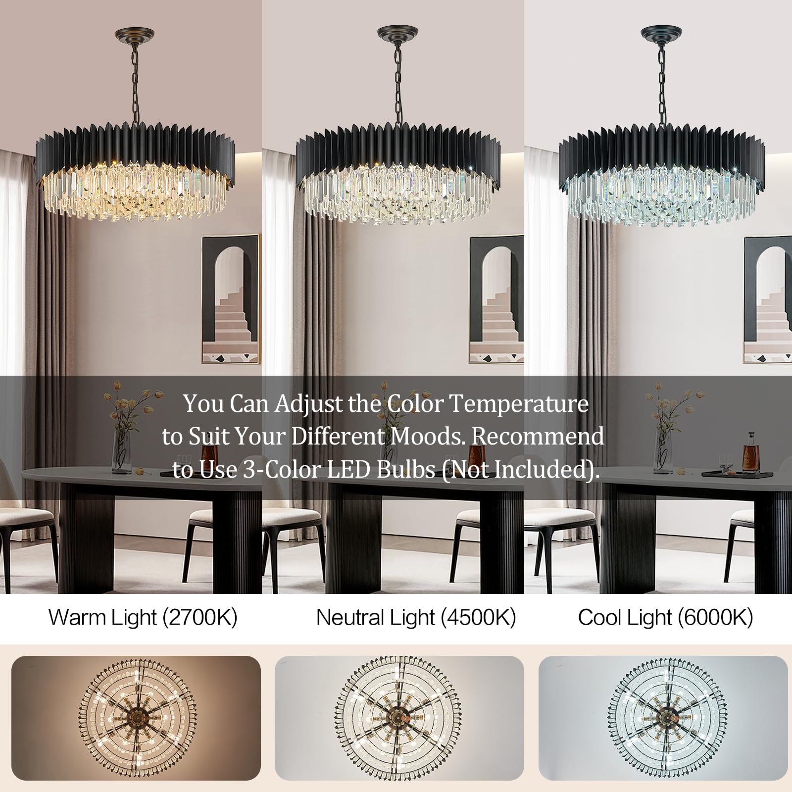Yolizuot Black Crystal Chandelier 30'' K9 Crystal Round Pendant Lights Adjustable 6-Tier Large Modern Crystal Chandelier Light 1