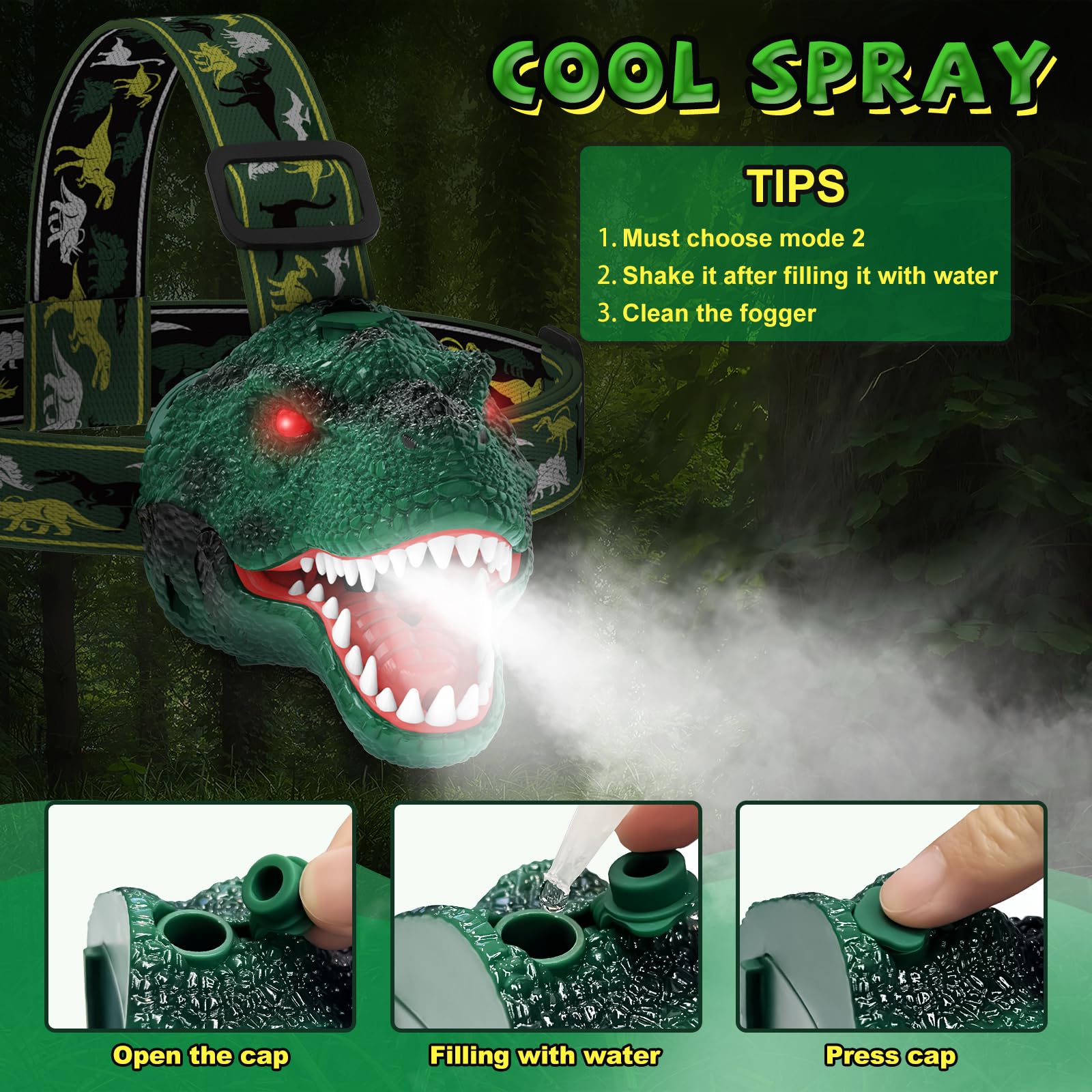 Nitigo Spray Dinosaur Headlamp For Kids Flashlight 2 Pack, Rechargeable Led Headlights Roar & Silent Mode, T-Rex Dinosaur Toys, Camping Gear, Gifts For Boys Girls Adults