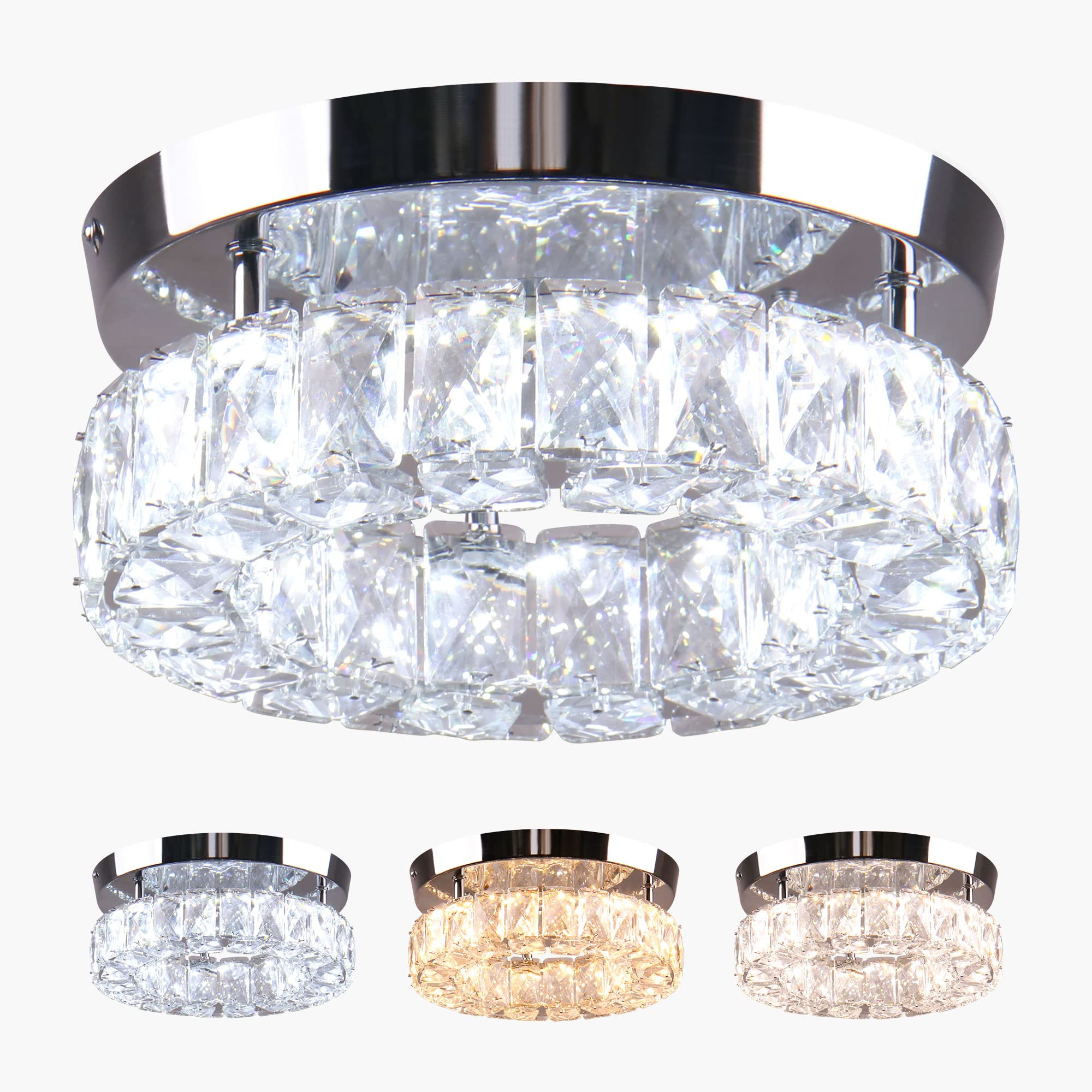 Ypqxyhda Small Crystal Chandeliers Led Crystal Ceiling Light Semi Flush Mount Light Fixture For Foyer Entryway Crystal Hallway Light Bedroom,9.8",3 Colors Adjustable