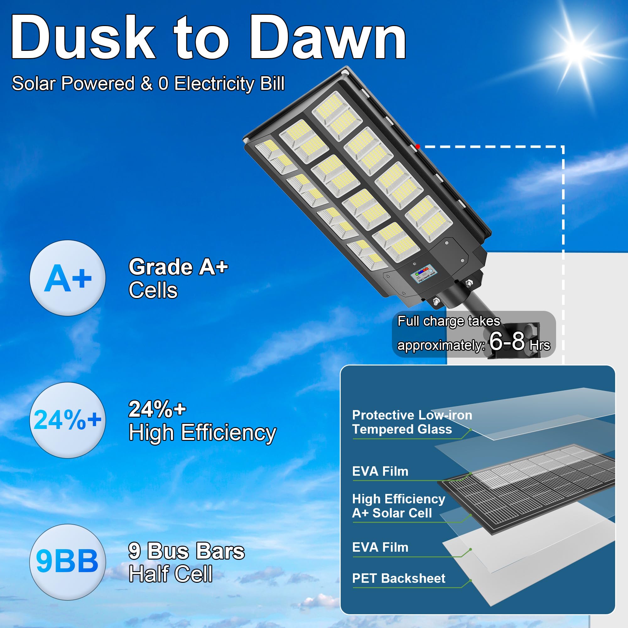 XMPTYN Solar Street Light 8000W, 240000LM, Dusk to Dawn, Motion Sensor, 3 Pack, Black, Model DWM-SP102