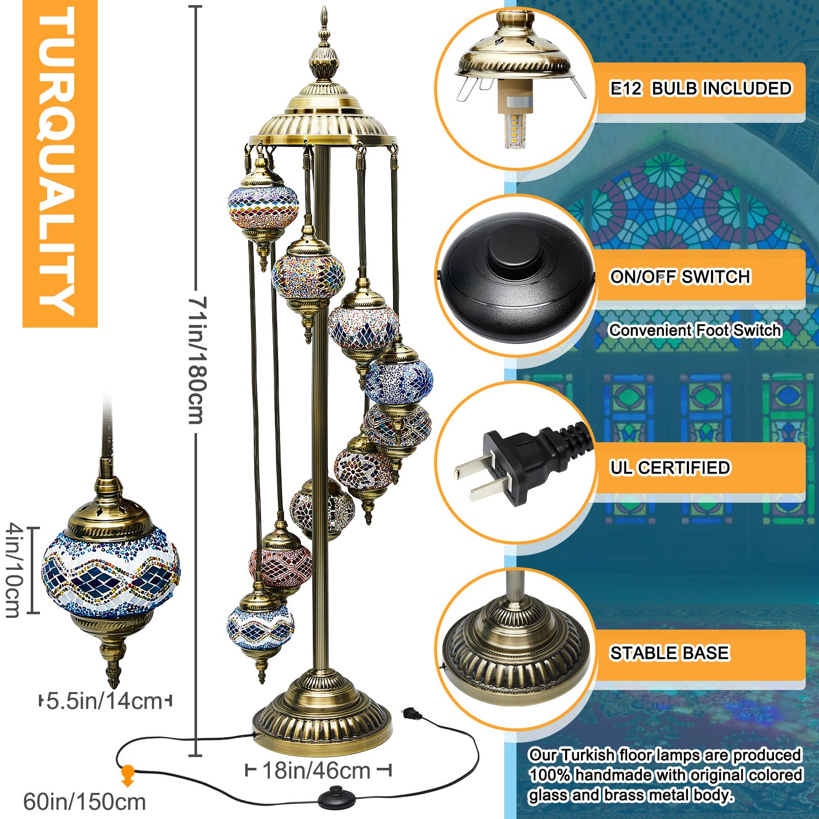 Hortsun Moroccan Floor Lamp - Handmade Colorful Globe Design, Metal, Model WA-23-2, Bohemian Style Lighting for Home Decor