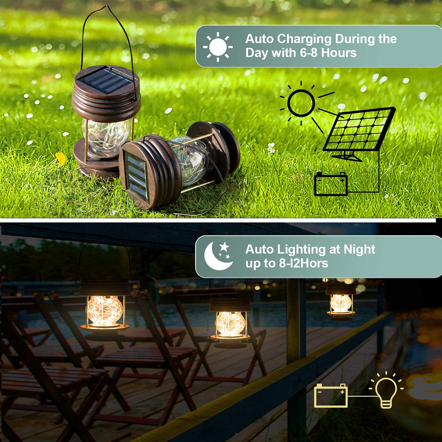 Pearlstar Solar Lanterns Outdoor Hanging Solar Lights, 2Pk Table Lamps With Retro Design, Garden Lantern Vintage Design For Land