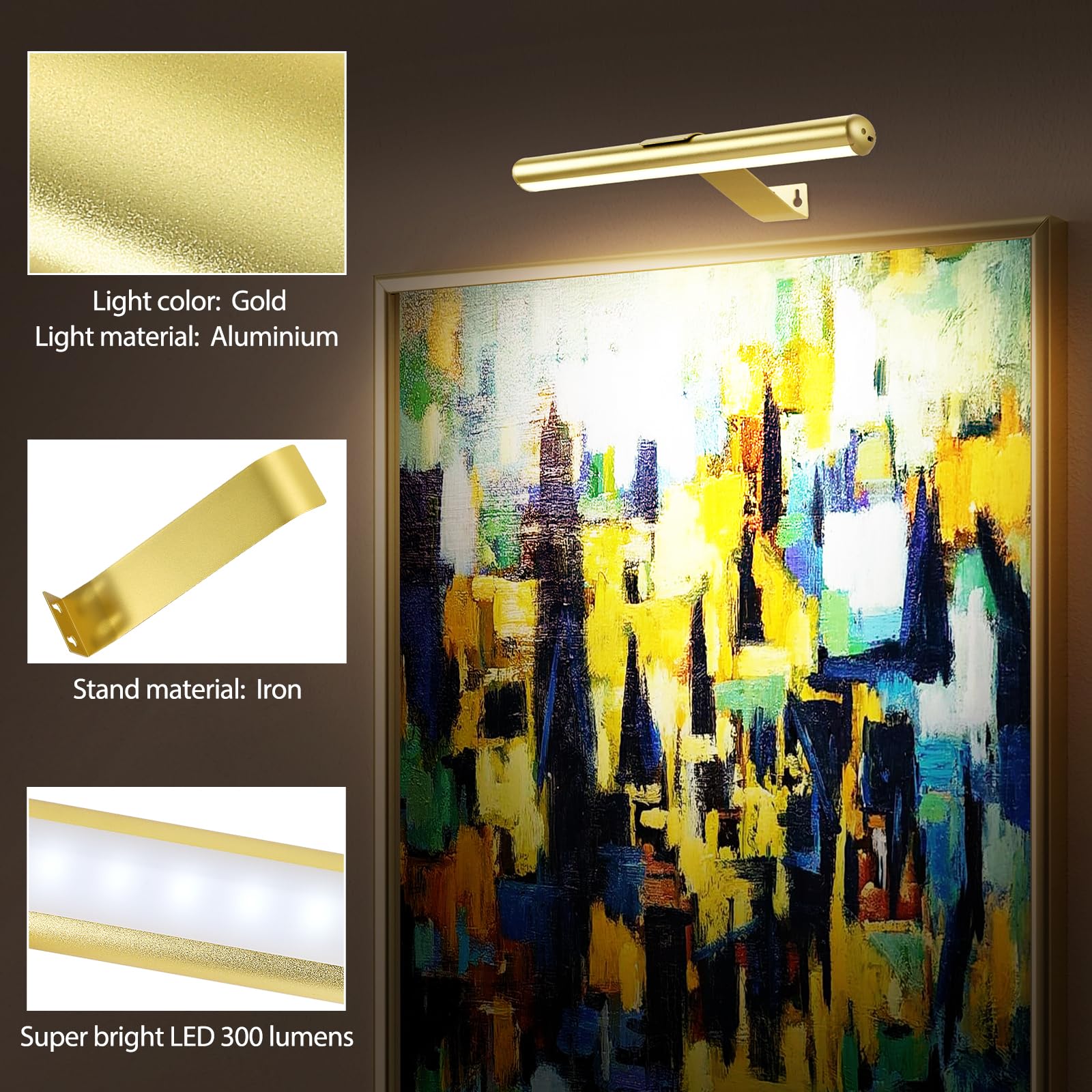 Tintindoc 22'' Picture Light Gold For Painting With 3 Lighting,Rechargeable Wall Art Light For Painting Brightness Dimmable,Batt