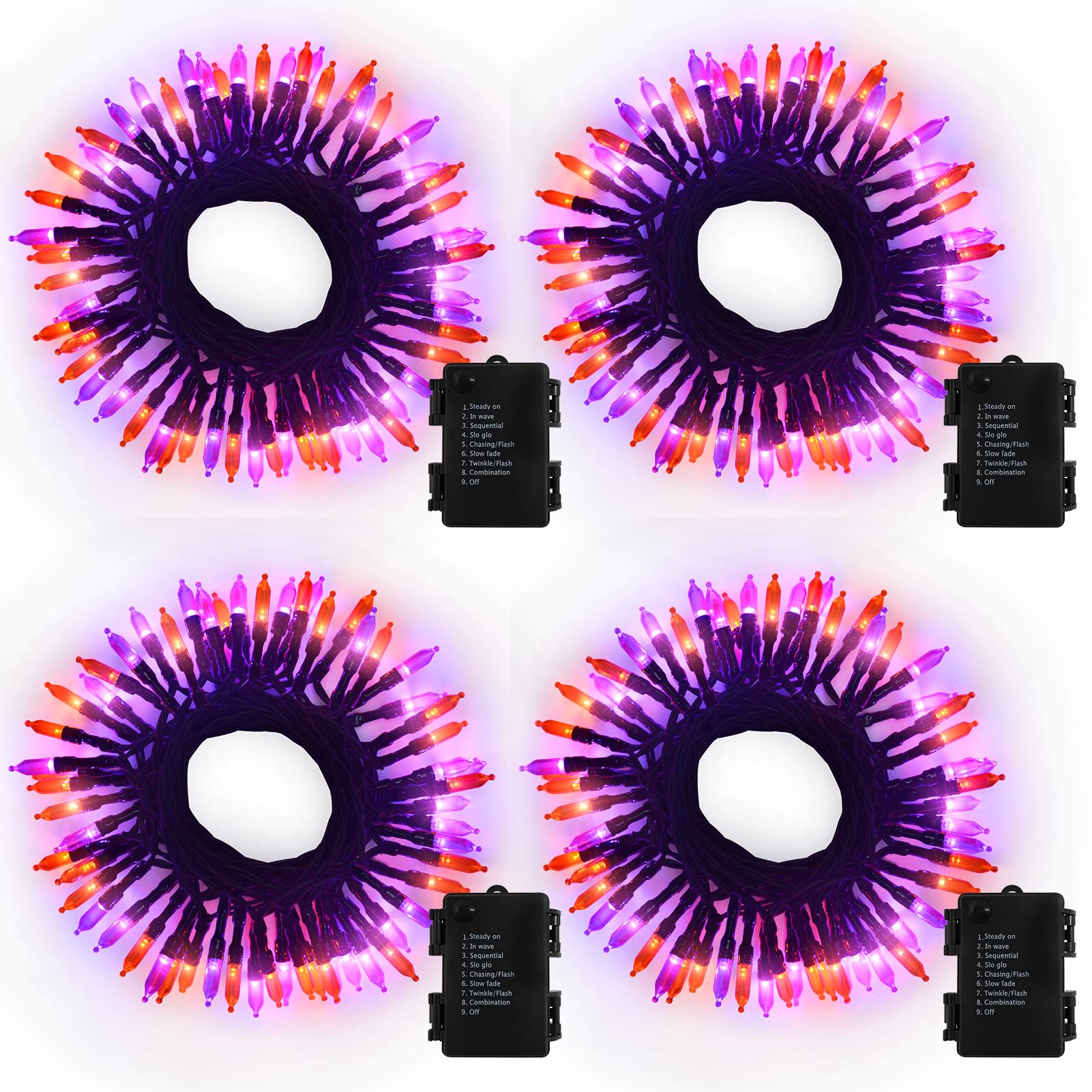DealBeta 4 Pack Purple Orange Halloween String Lights Battery Operated,16.4Ft 50 LED Battery Halloween String Lights 8 Light Modes Timer Function for Party Yard Patio Decoration