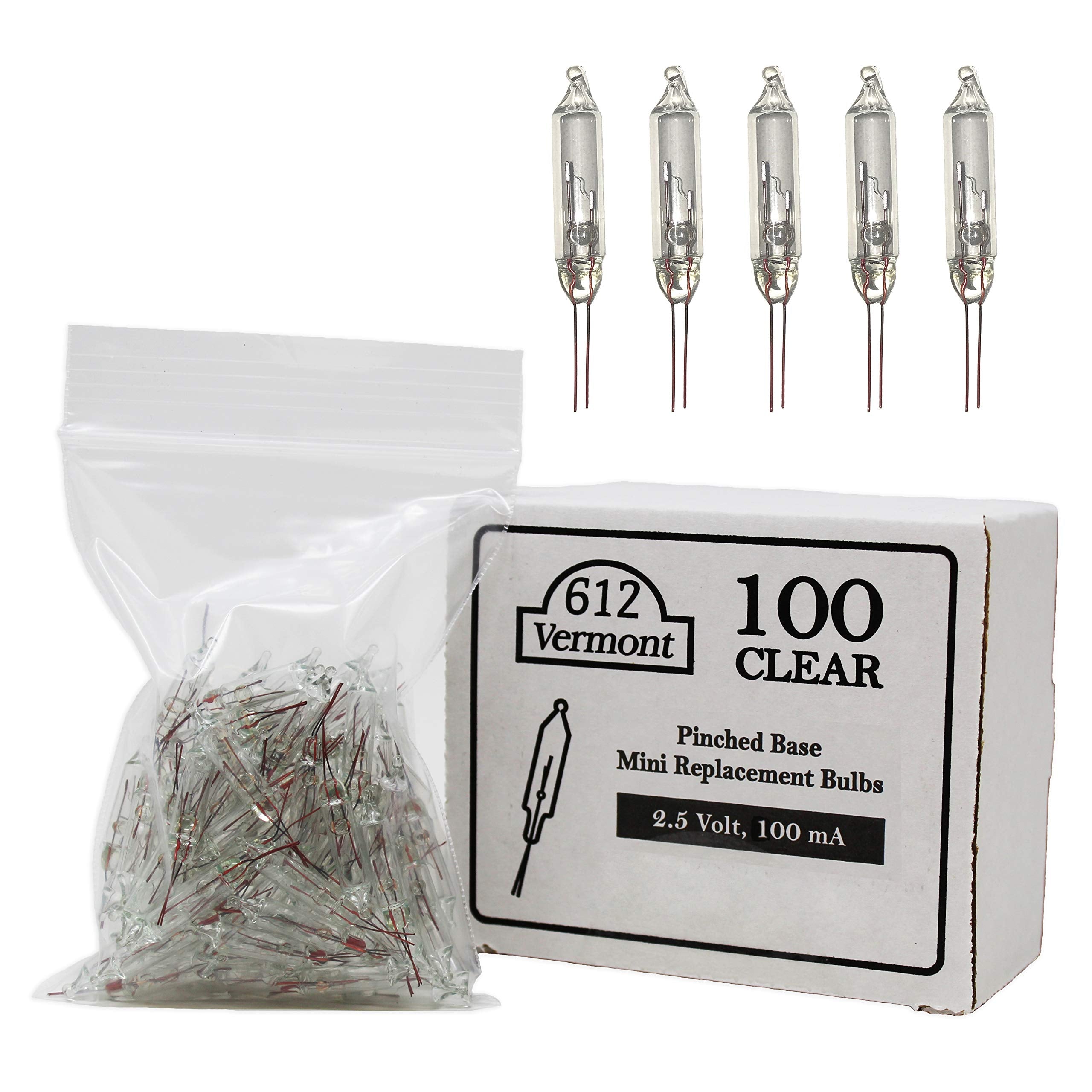 612 Vermont 2.5V Clear Mini Christmas Replacement Bulbs For Christmas Trees And Incandescent String Lights, Pinched Base, 100 Co
