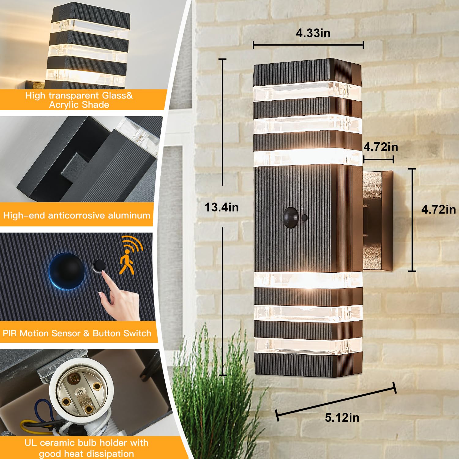 Delicavy Motion Sensor Outdoor Wall Light Fixture, Medium, Acrylic, DK01, 1 Pack with Motion Sensor, Includes 2 Free Dimmable Bulbs