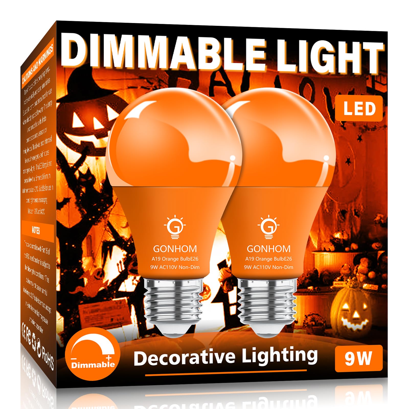 Gonhom 2 Pack A19 Orange Led Light Bulb, 9W Equivalent, E26 Base For Party & Halloween Decor