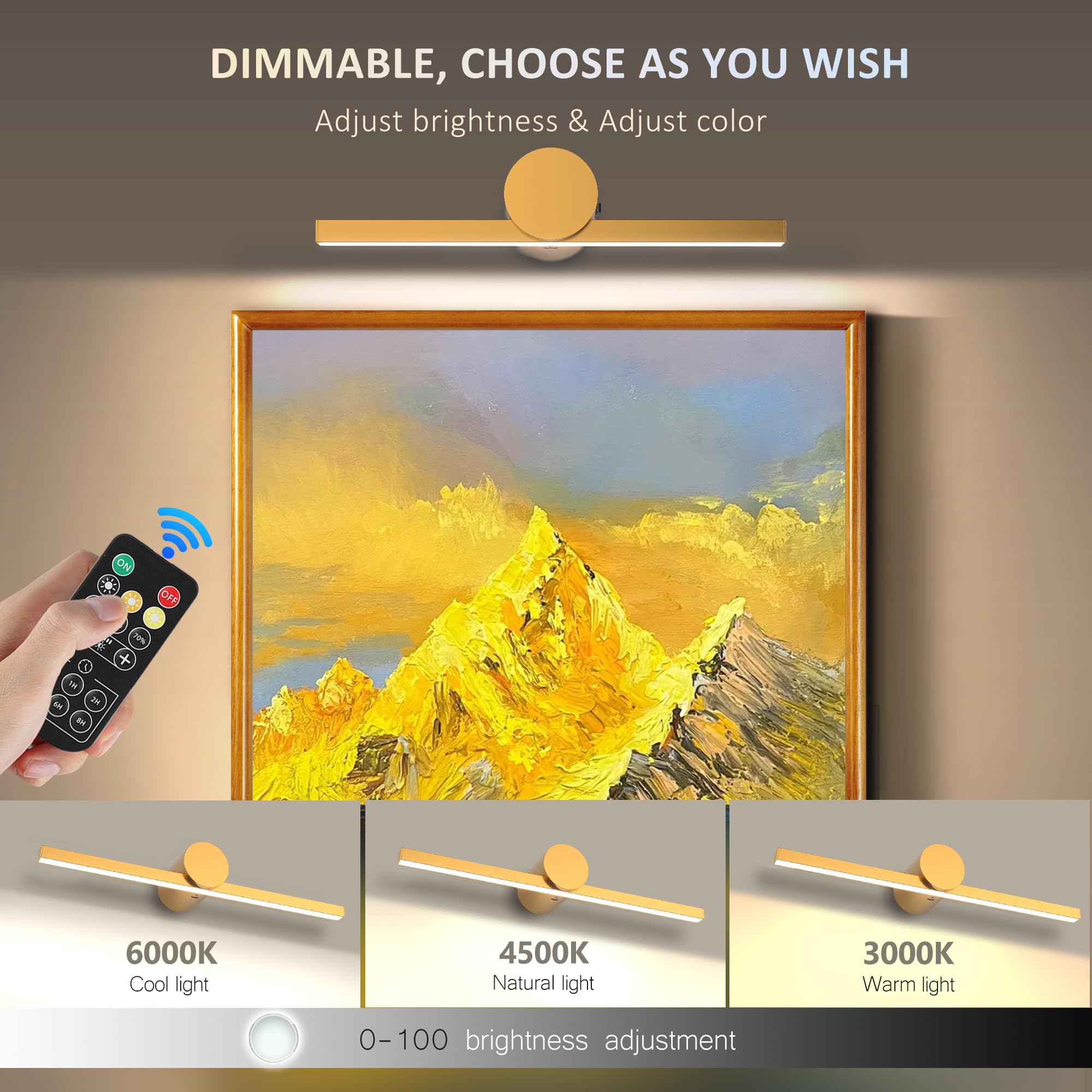 Zitostory Battery Operated Picture Light With Remote Wireless Dimmable Art Lights For discomfort-reducingtings Rechargeable Gallery Light Artwork Lighting For Canvas  Portrait (Gold 11.4 Inch)