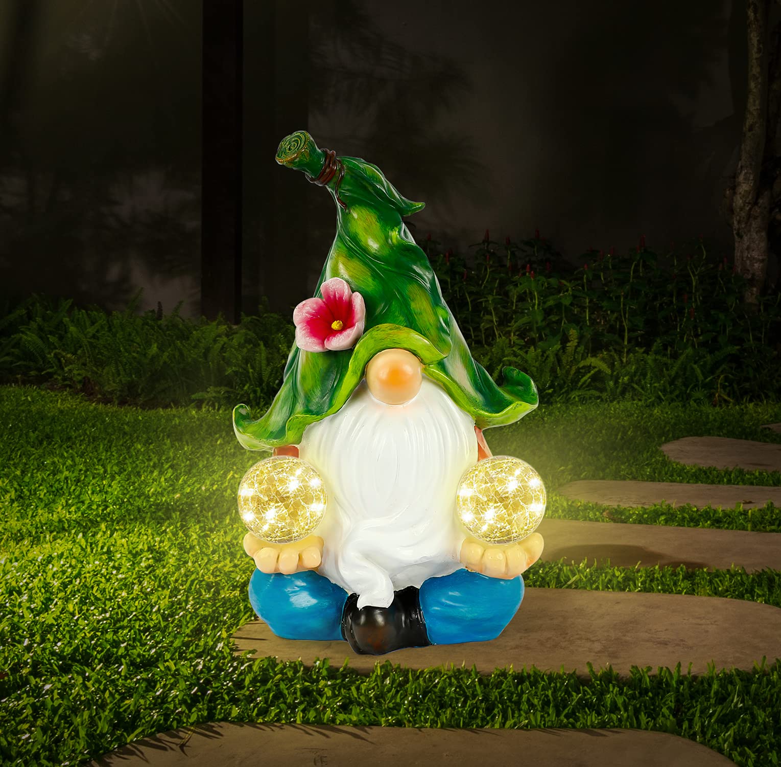 WOGOON Gnomes Garden Art Outdoor Decorations, Large Meditating Gnome Statue with Double Solar Power Light Orbs Design, Outside D