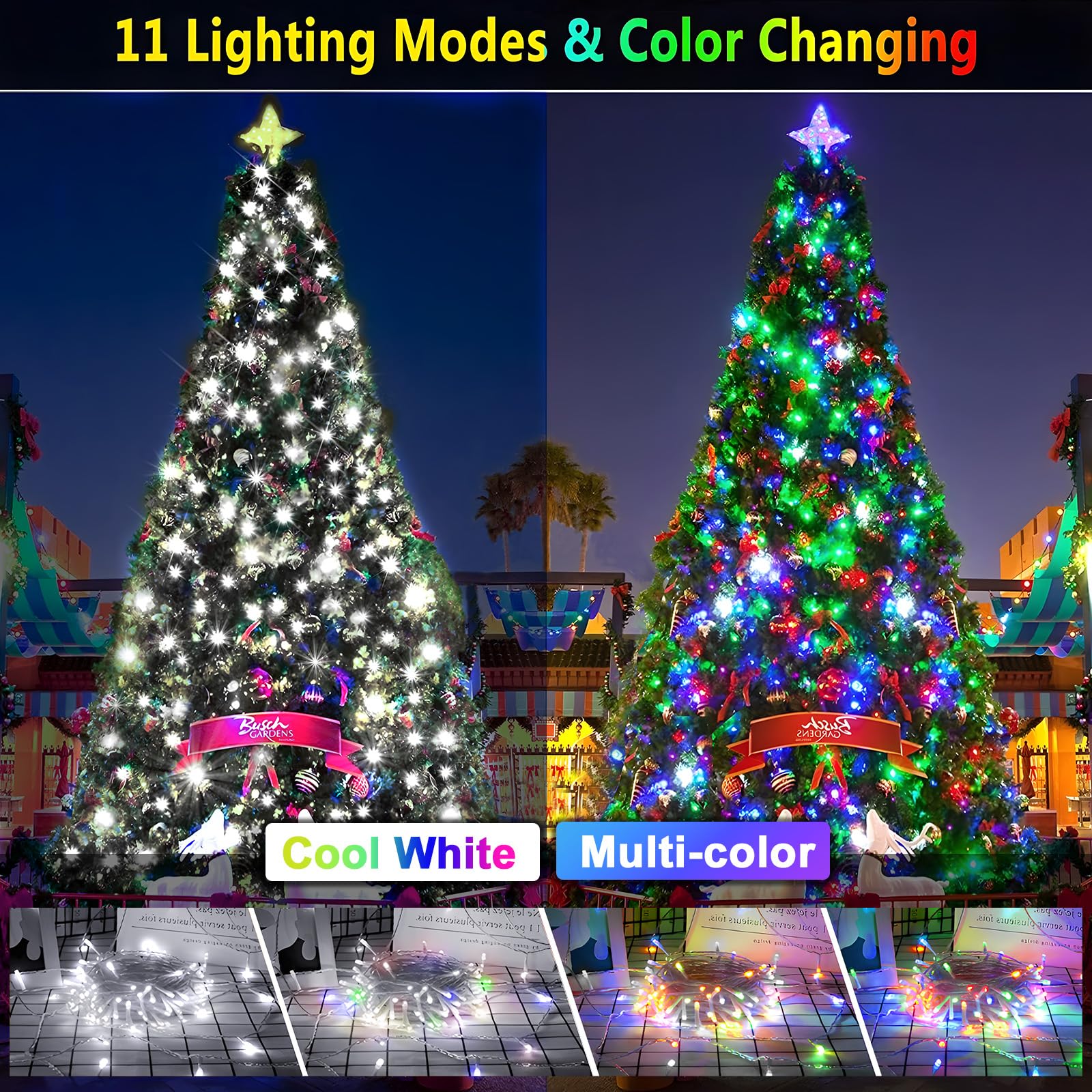Knonew 197Ft 500 Led Christmas String Lights Outdoor Color Changing 11 Modes Timer Fairy Light Plug In Waterproof Lights For Xmas Tree Yard Wedding Decorations (Cool White To Multicolor)