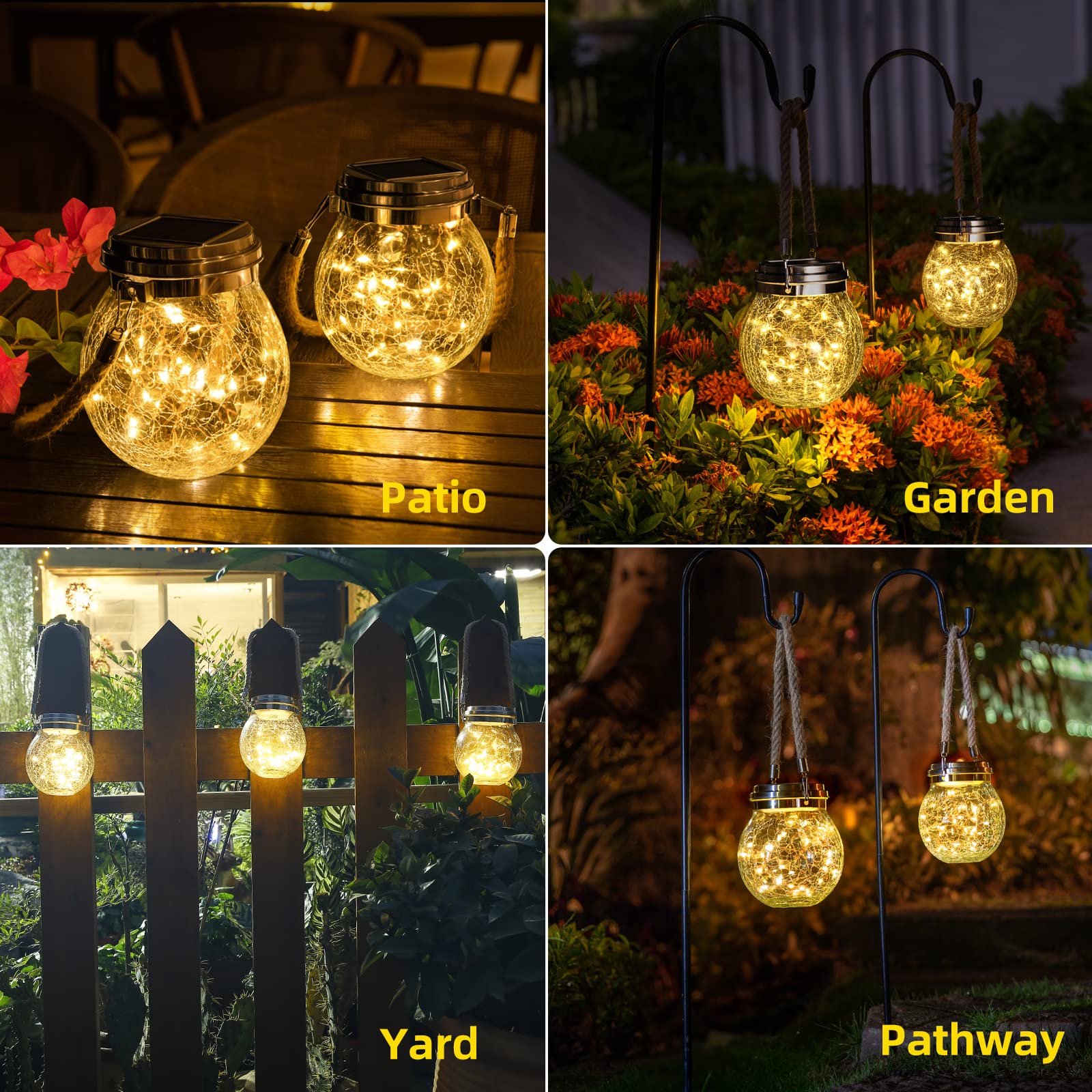 ROSHWEY Solar Lanterns 2 Pack, Waterproof Stainless Steel Hanging Lights, Warm White LED for Garden, Patio, Backyard, Model T28