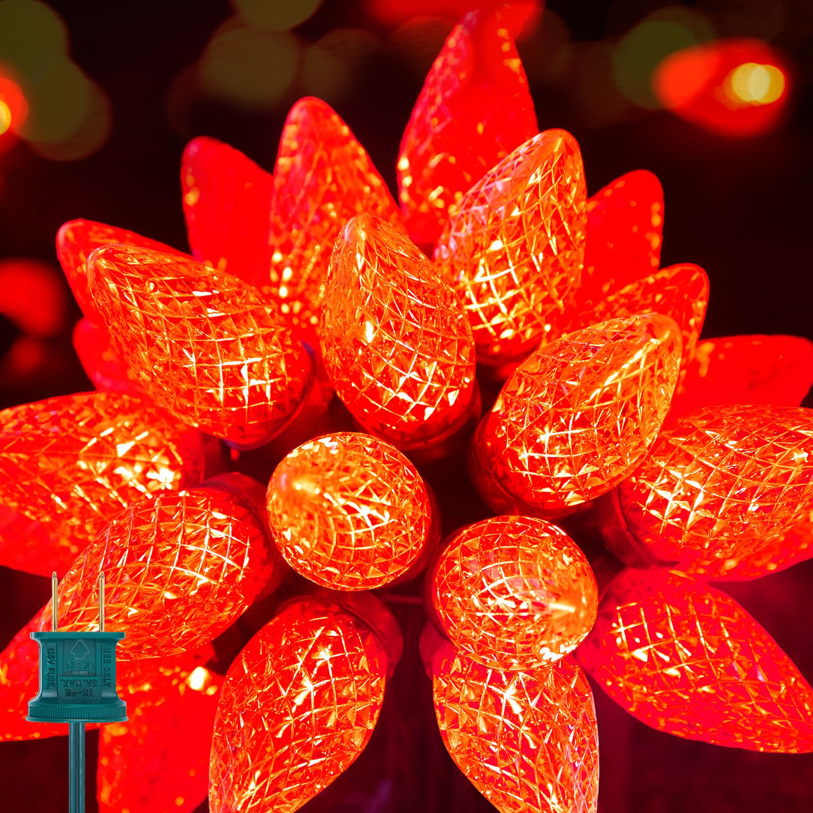 Brightown C9 LED String Lights, 33ft 50 Waterproof Lights, Green Wire, Red, Model 5-50/2F/C-033