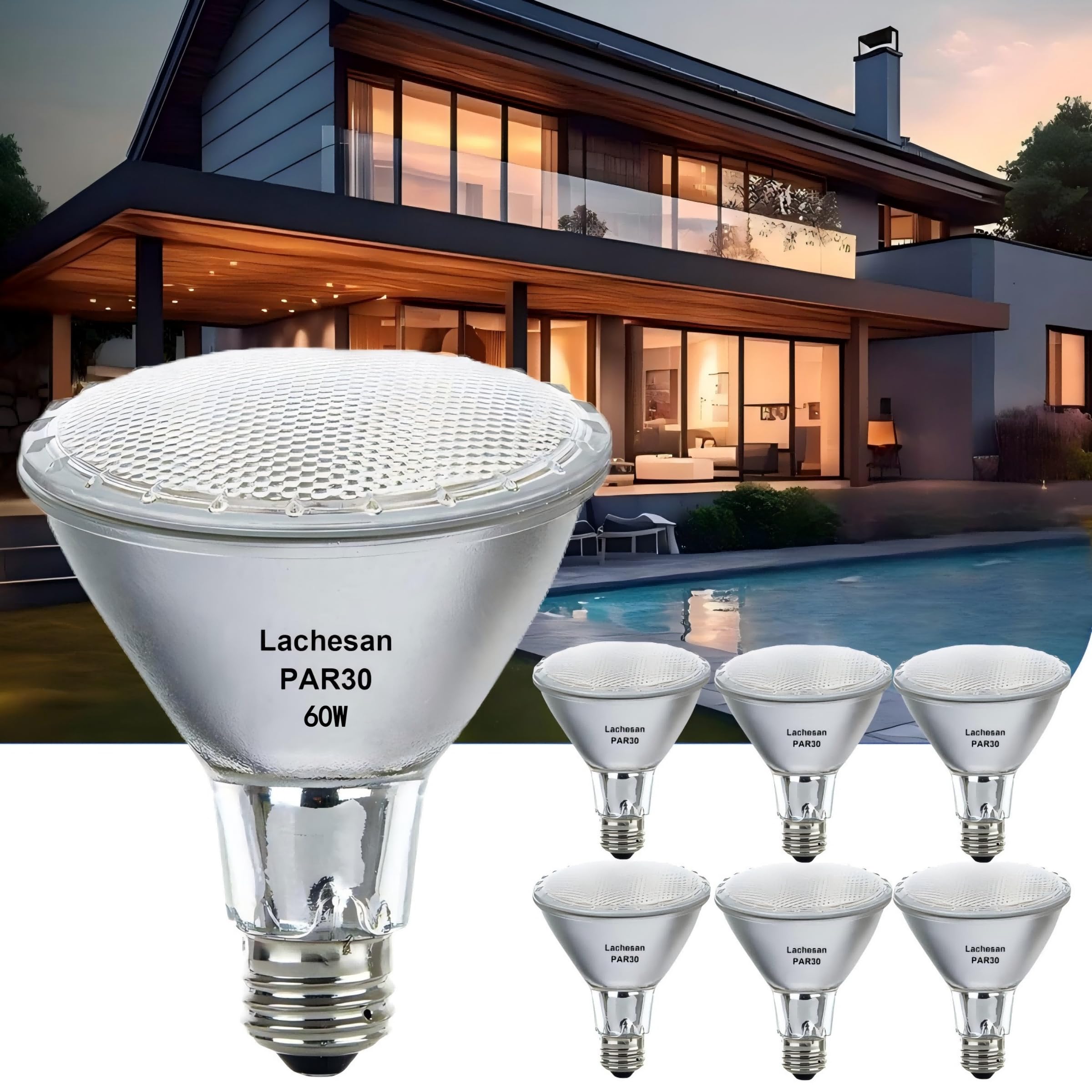 Par30 Long Neck Halogen Flood Light Bulbs 6Pcs, 60W Equivalent, 120V 2700K Warm White Dimmable High Brightness, E26 Base, Great