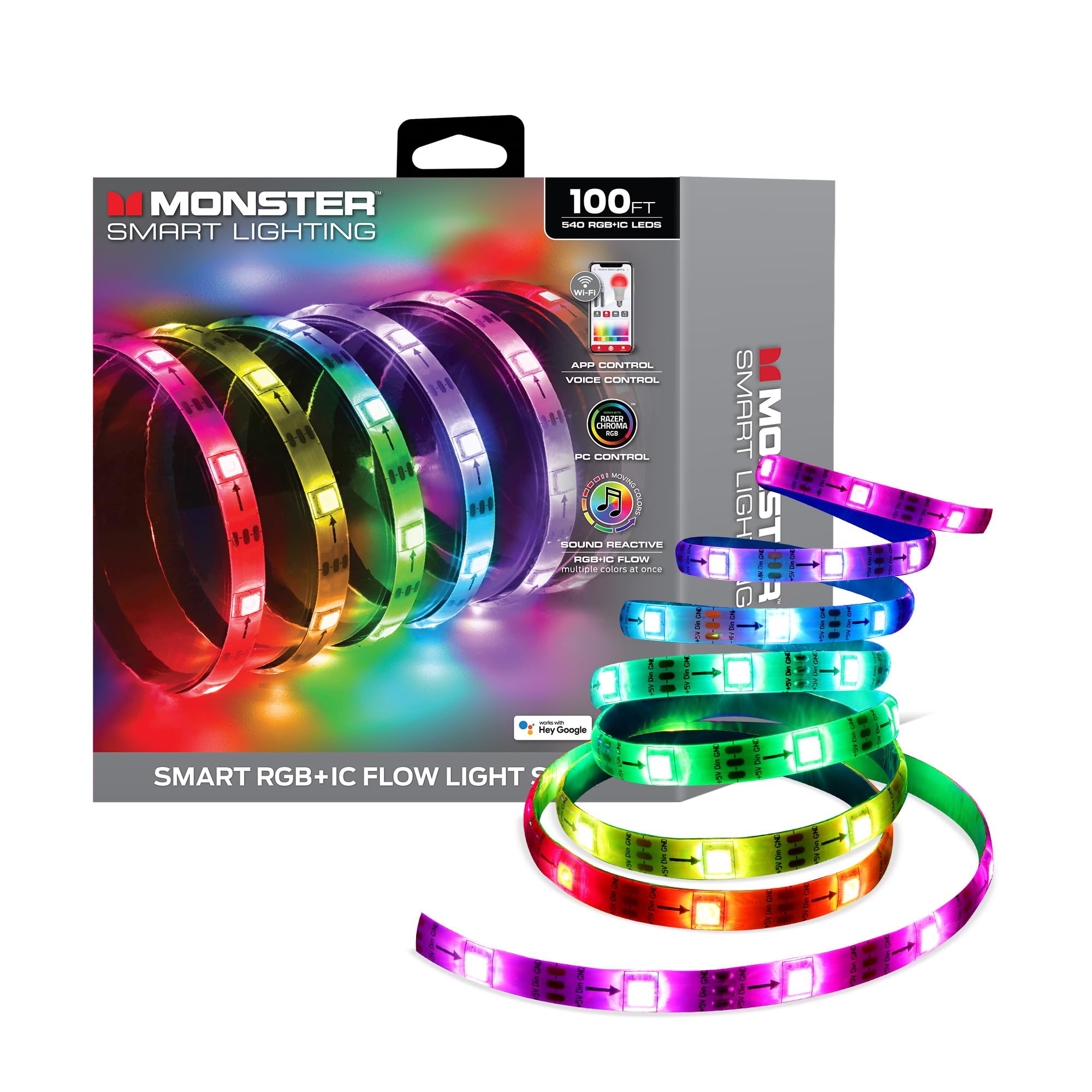 Monster Smart RGB+IC LED Band Lights - Sound Reactive Band Lights for Bedroom  App & Voice Control  RGB Light Band for Room  Alexa Google Home  Razer Chroma Sync (100ft)