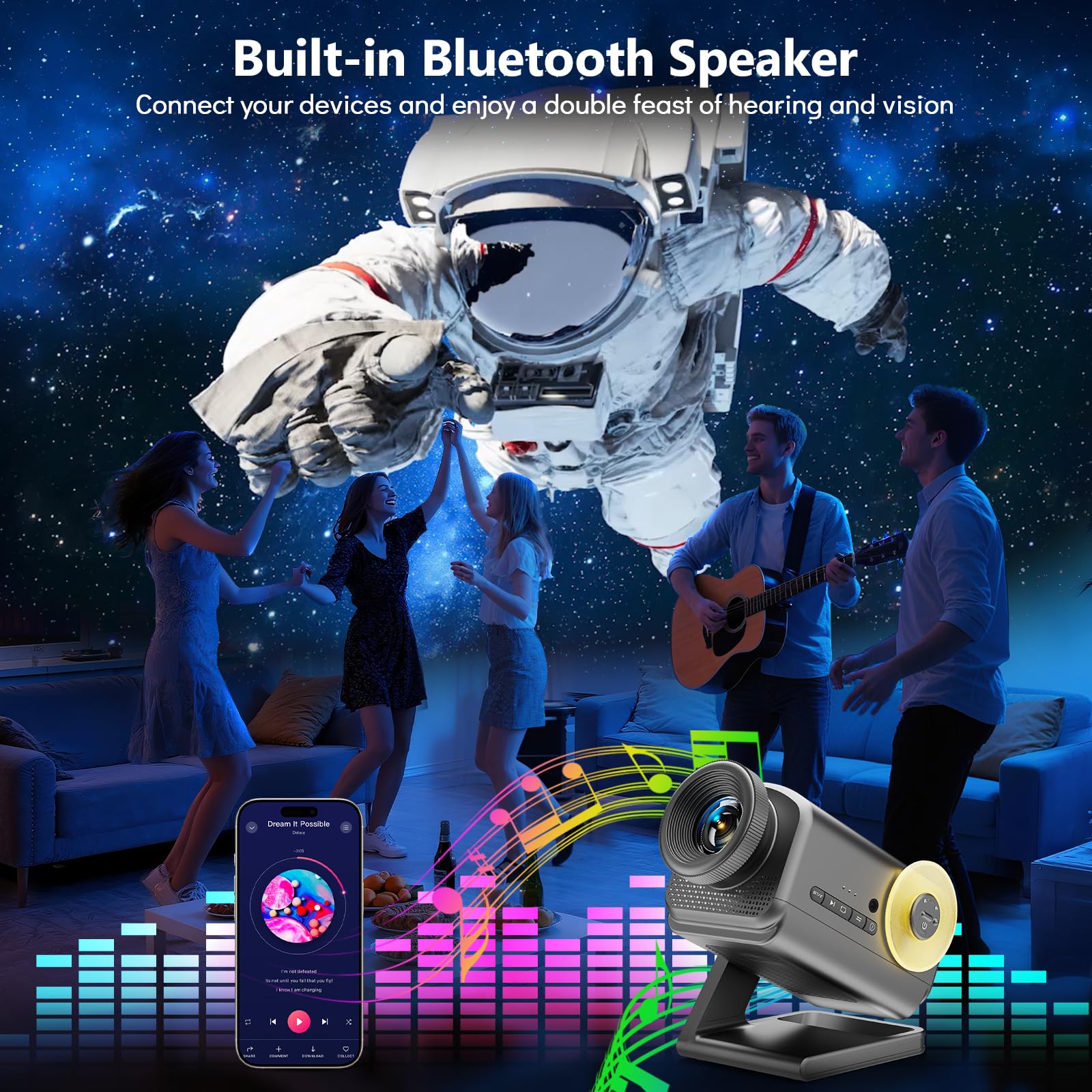 Rossetta 3D Galaxy Projector with Bluetooth Speaker, 60 Themes, Gray, Night Light for Home Decor, Party & Gifts