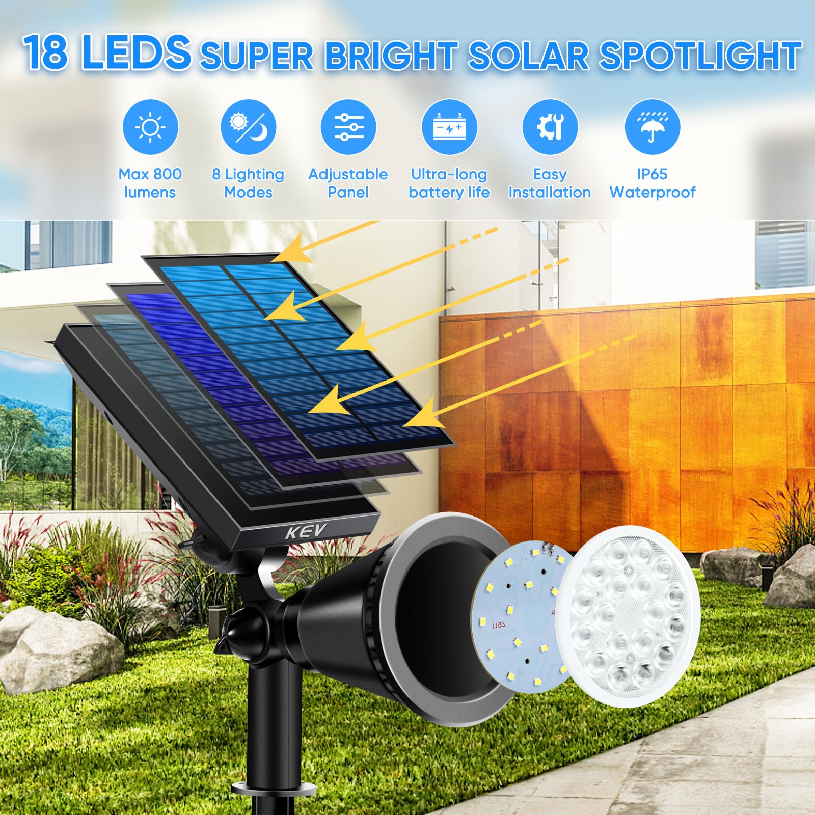 KEV 800 Lumens Solar Spot Lights, 4 Pack, IPX65 Waterproof, Adjustable Modes, Warm White, Model KEV-08 for Driveway/Patio/Garage