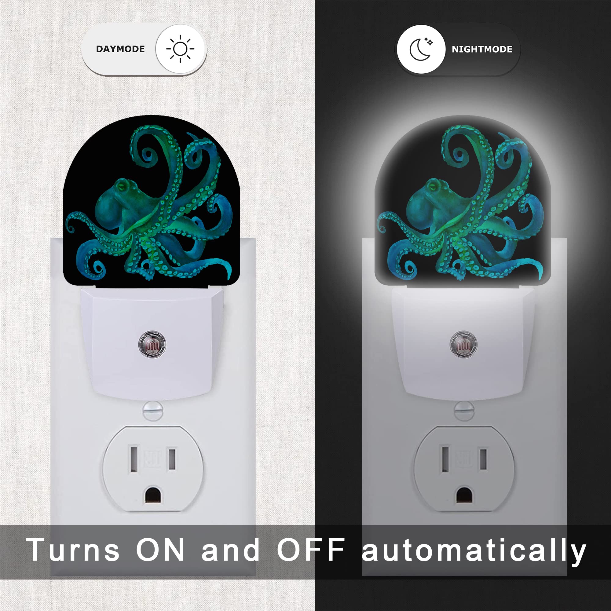 Aowula Green Octopus Night Light,Fish Sea Life Plug-In Wall Led Night Lights Decor For Boys Girls Room,Dusk To Dawn Sensor Wall