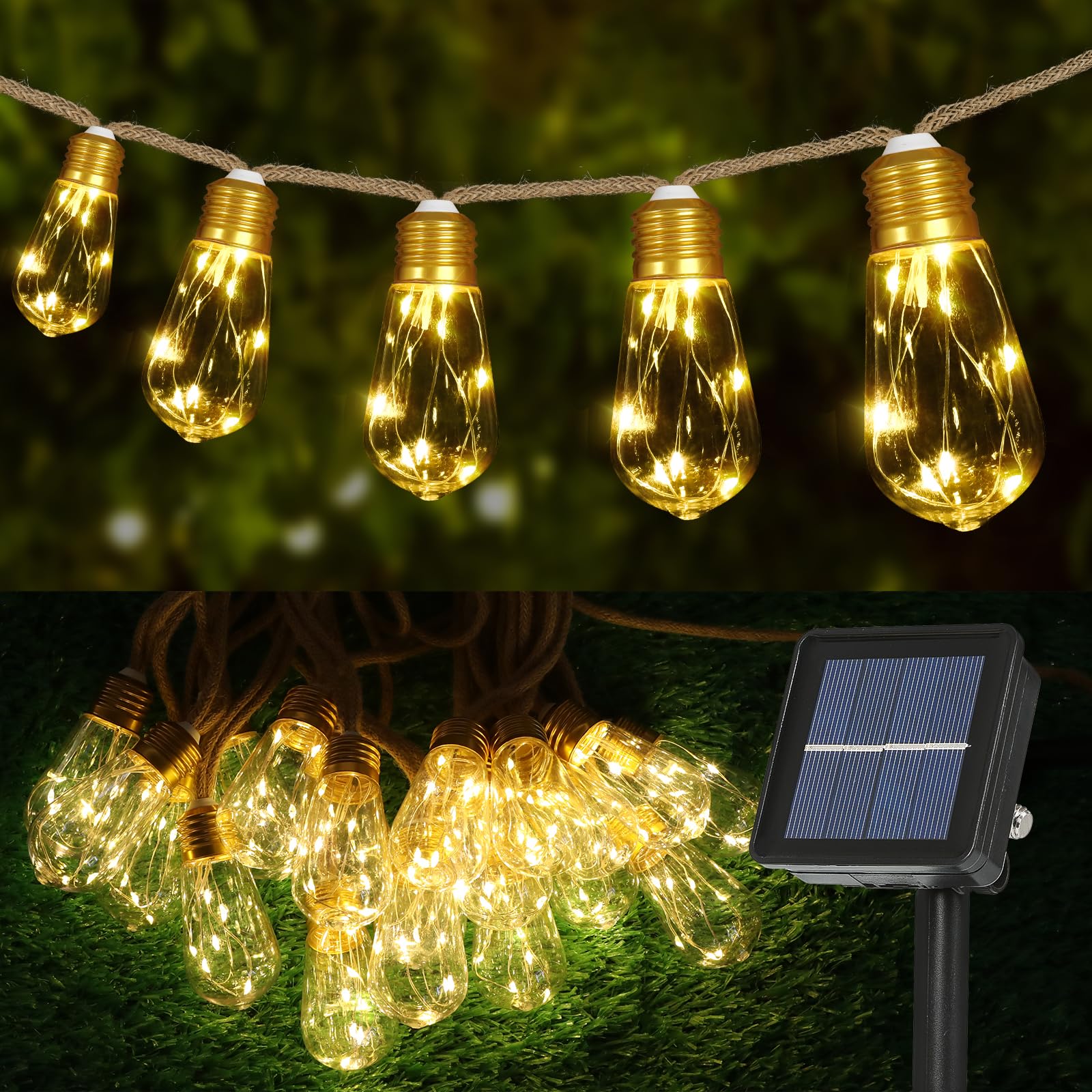 Solar Outdoor String Lights 24Ft Vintage Rope Hemp Solar Lights With 20 Shatterproof Bulbs,8 Modes Solar Powered String Lights With Memory Function,Waterproof For Fence,Yard,Camping(Warm White)
