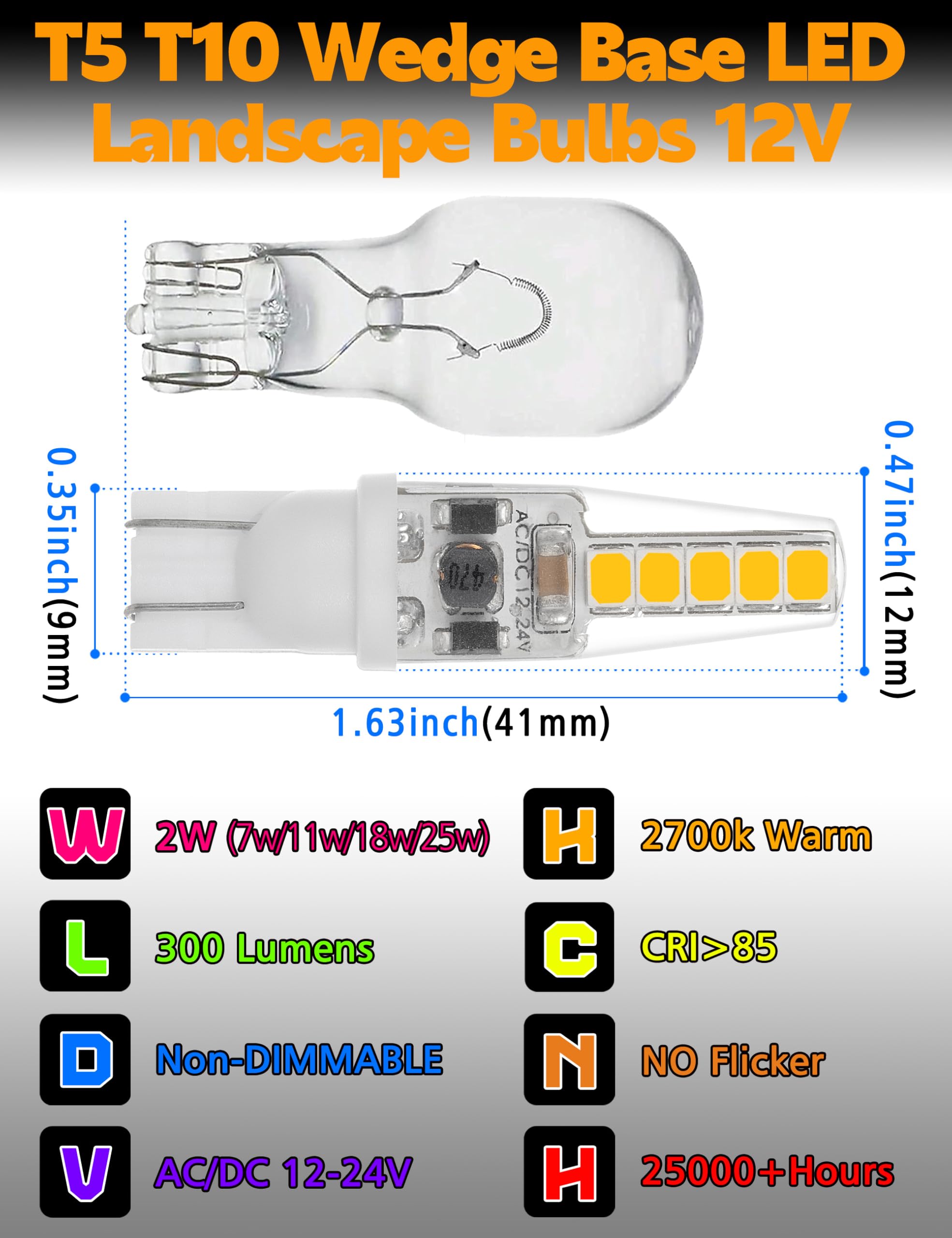 Xyanmc T5 T10 Wedge Base Led Landscape Bulbs 12V Low Voltage 2W 300Lm, Dc10-30V/Ac12-24V 2700K Warm White For Outdoor Landscape