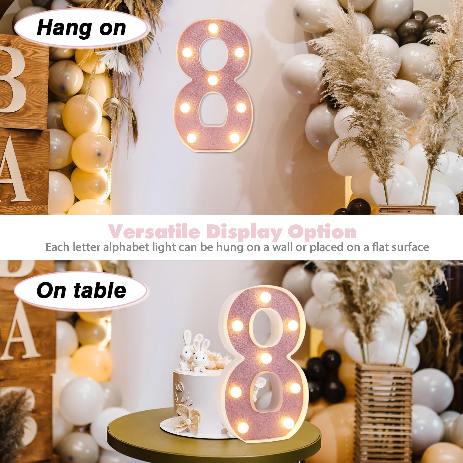 DyingSwan LED Marquee Number 8, 8.58 Inch Pink Glitter Light Up Decor, Battery Powered Plastic Party Night Light