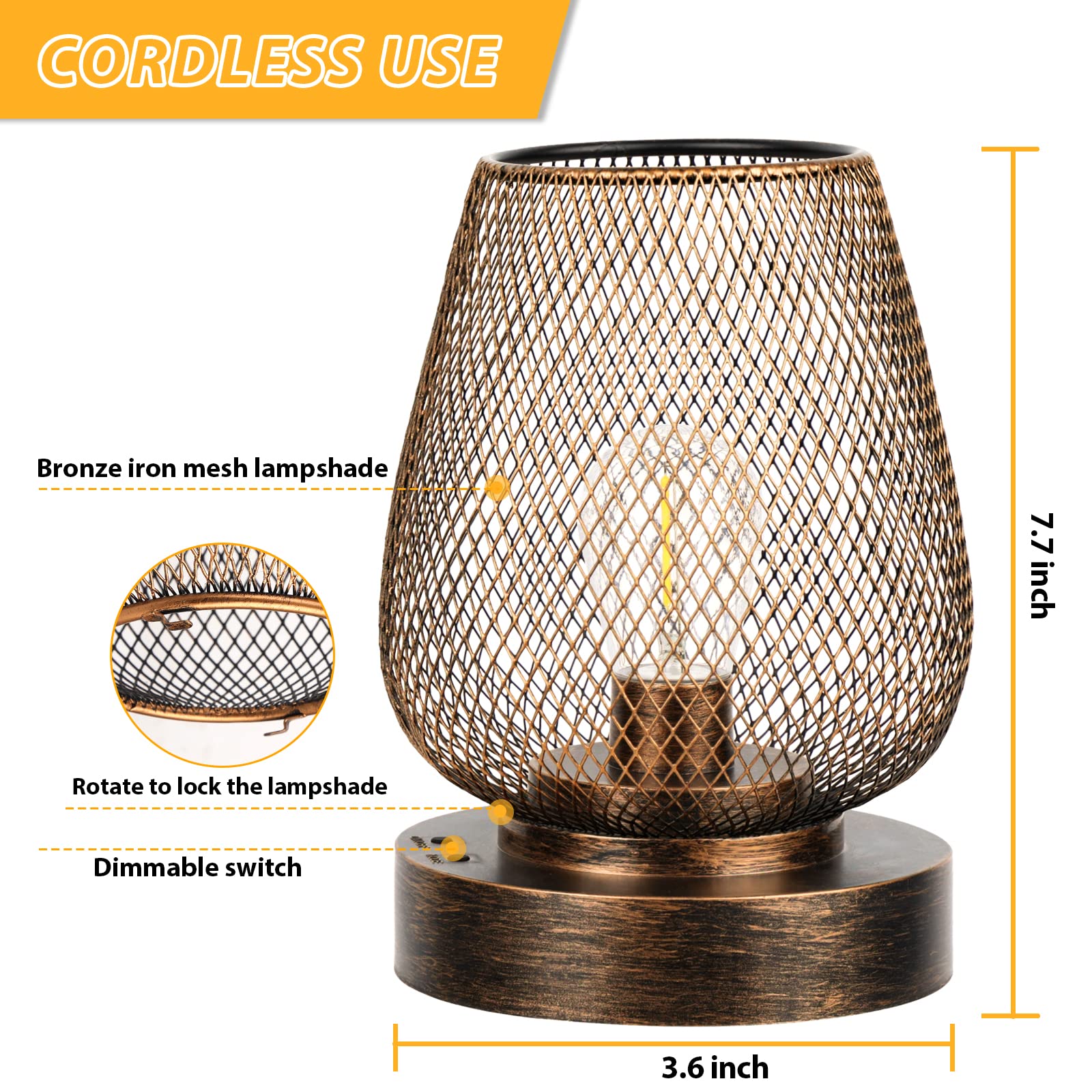 UBright Battery Operated Outdoor Table Lamp, Metal Cage, 4 Lighting Modes, 2 Pack, A-Bronze