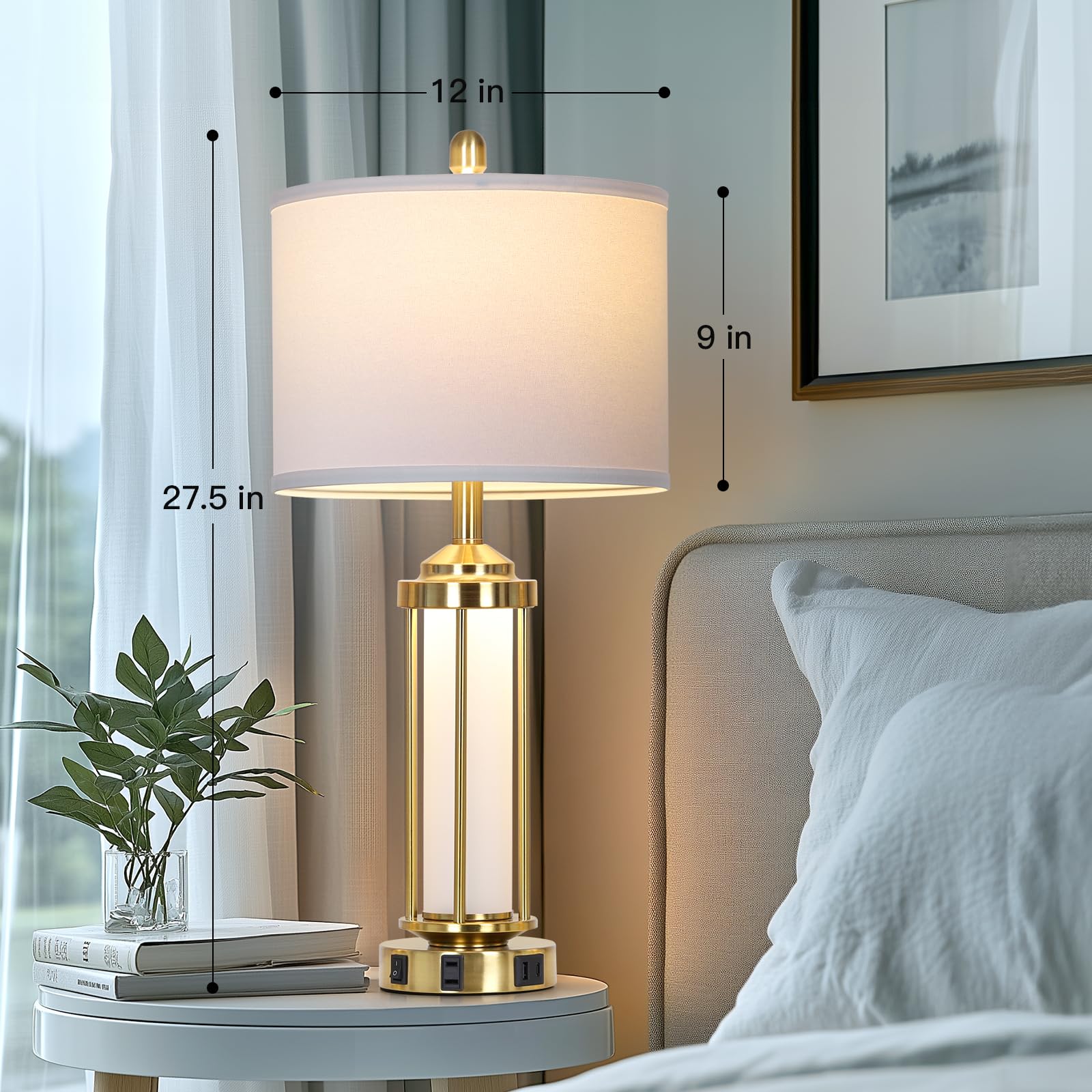 Rinweey Modern Table Lamps, Gold 27'' Industrial Table Lamp Set Of 2 With Usb A+C Charging Ports & Ac Outlet, Farmhouse Rustic B