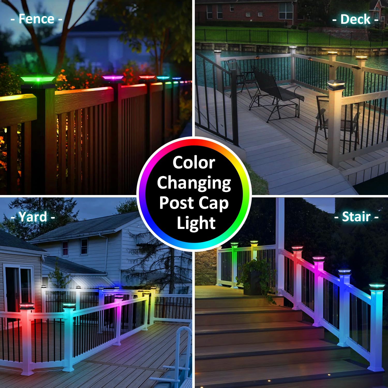 T-Sun Solar Post Cap Lights With Auto-Change Colors- For Wooden (4X4/6X6) & Vinyl (4X4/5X5) Posts | Weatherproof Outdoor Solar F
