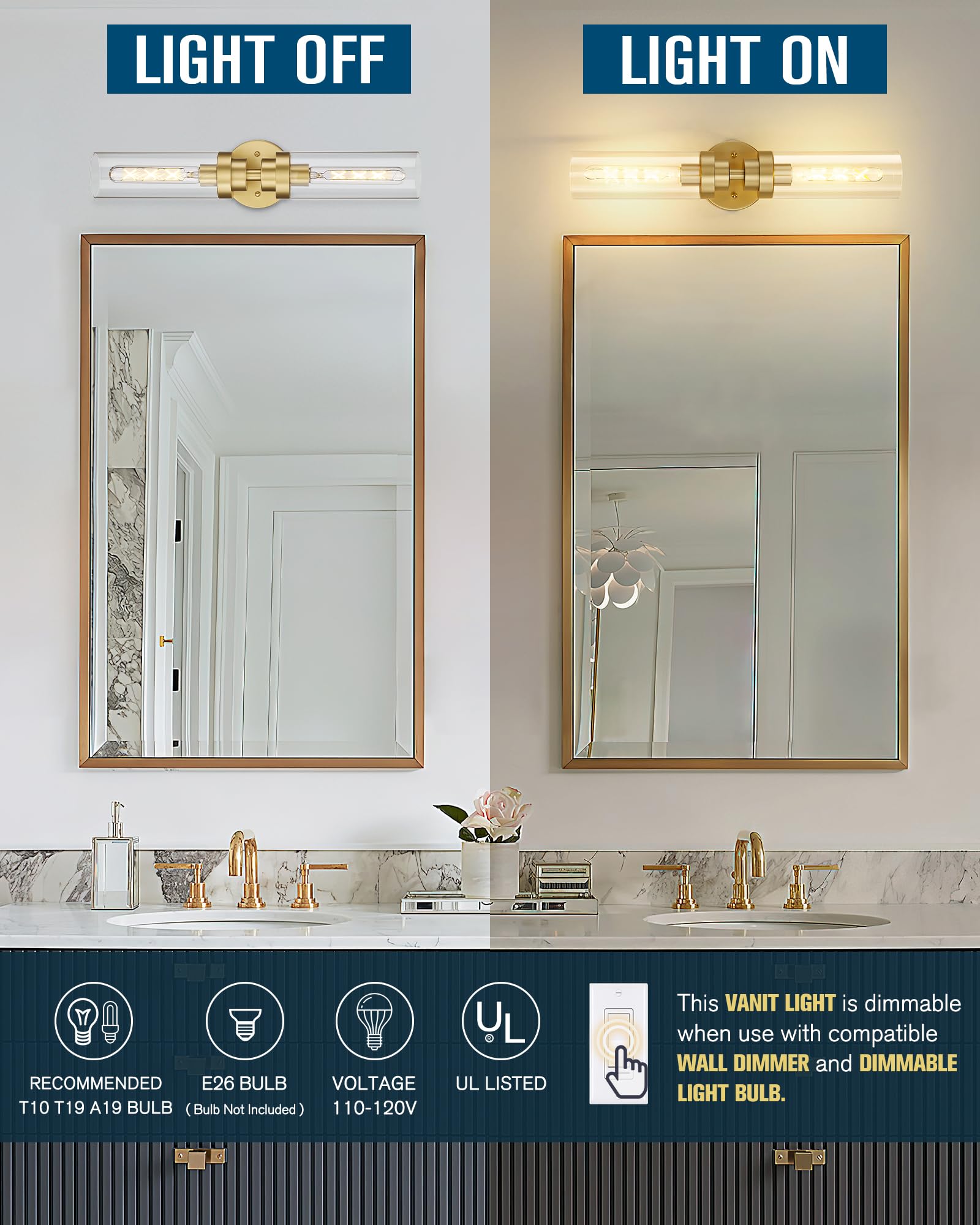 Emak 22 Inch Gold Bathroom Light Fixtures, 2-Light Cylinder Vanity Sconces with Clear Glass, Model VL085-GD-2