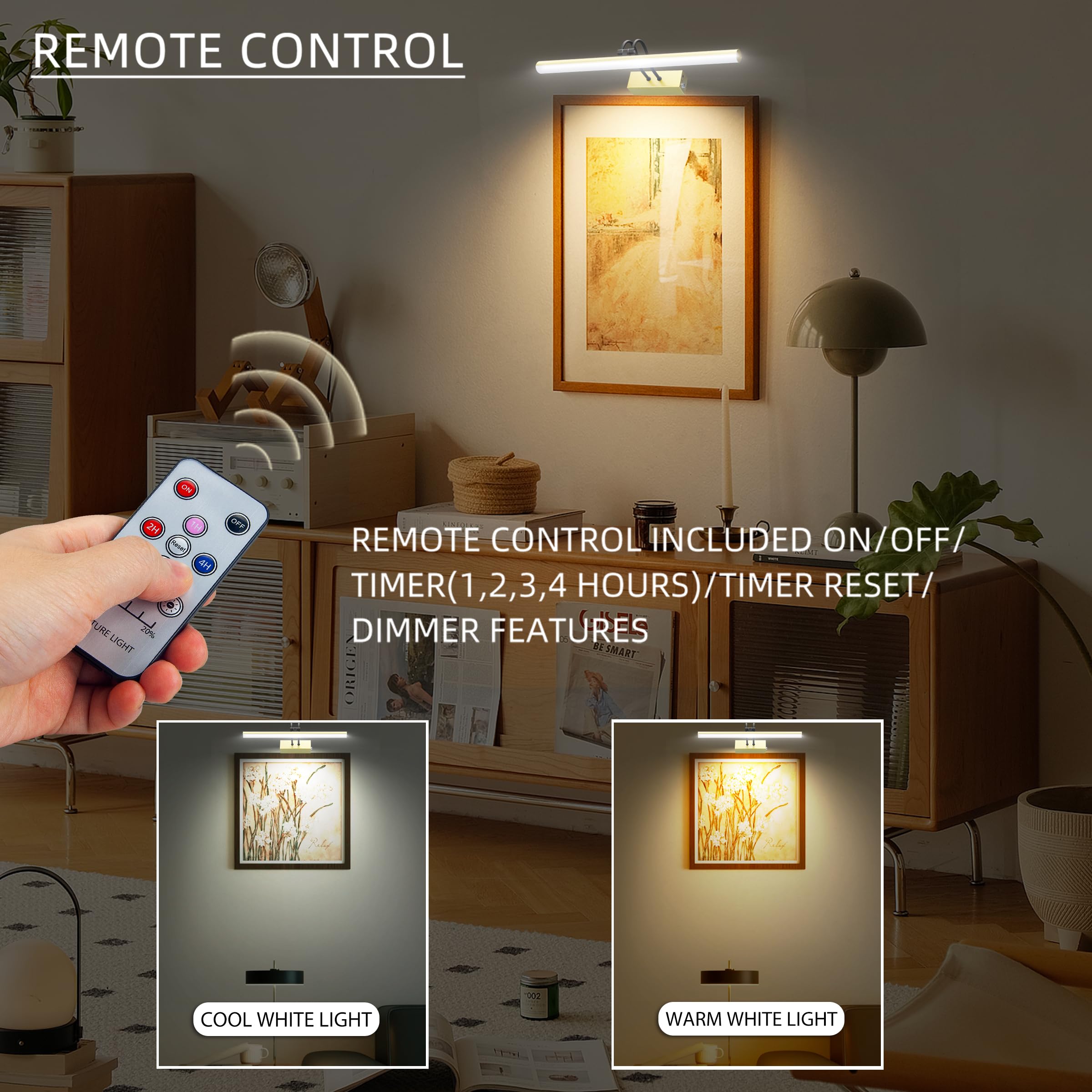 RAIFOOLLY Picture Light, Wireless Battery Wall Lighting, 16in, R-Gold, Remote Control, Dimmable, Art Display, Model 3f92b64e-ea9