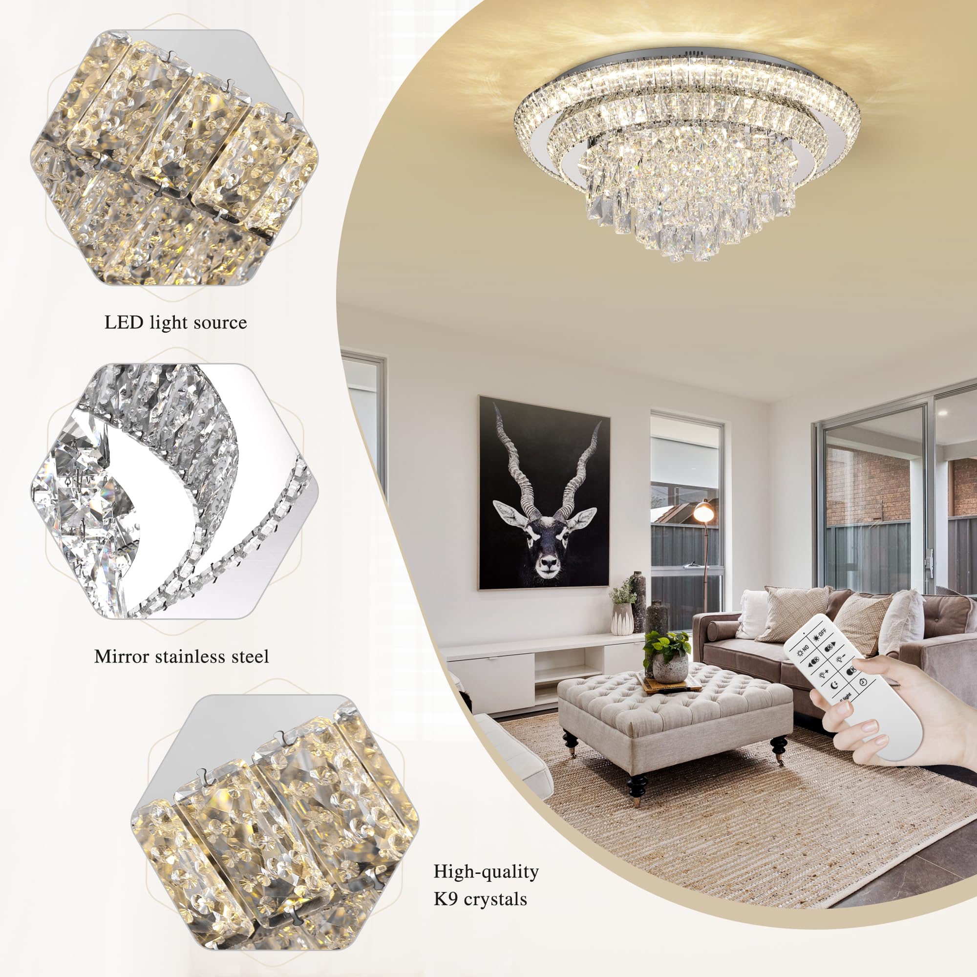 COCOSTAR 24" Silver LED Crystal Raindrop Flush Mount Chandelier Light Fixture, 3CCT Dimmable with Remote Control, Model A401-24inch