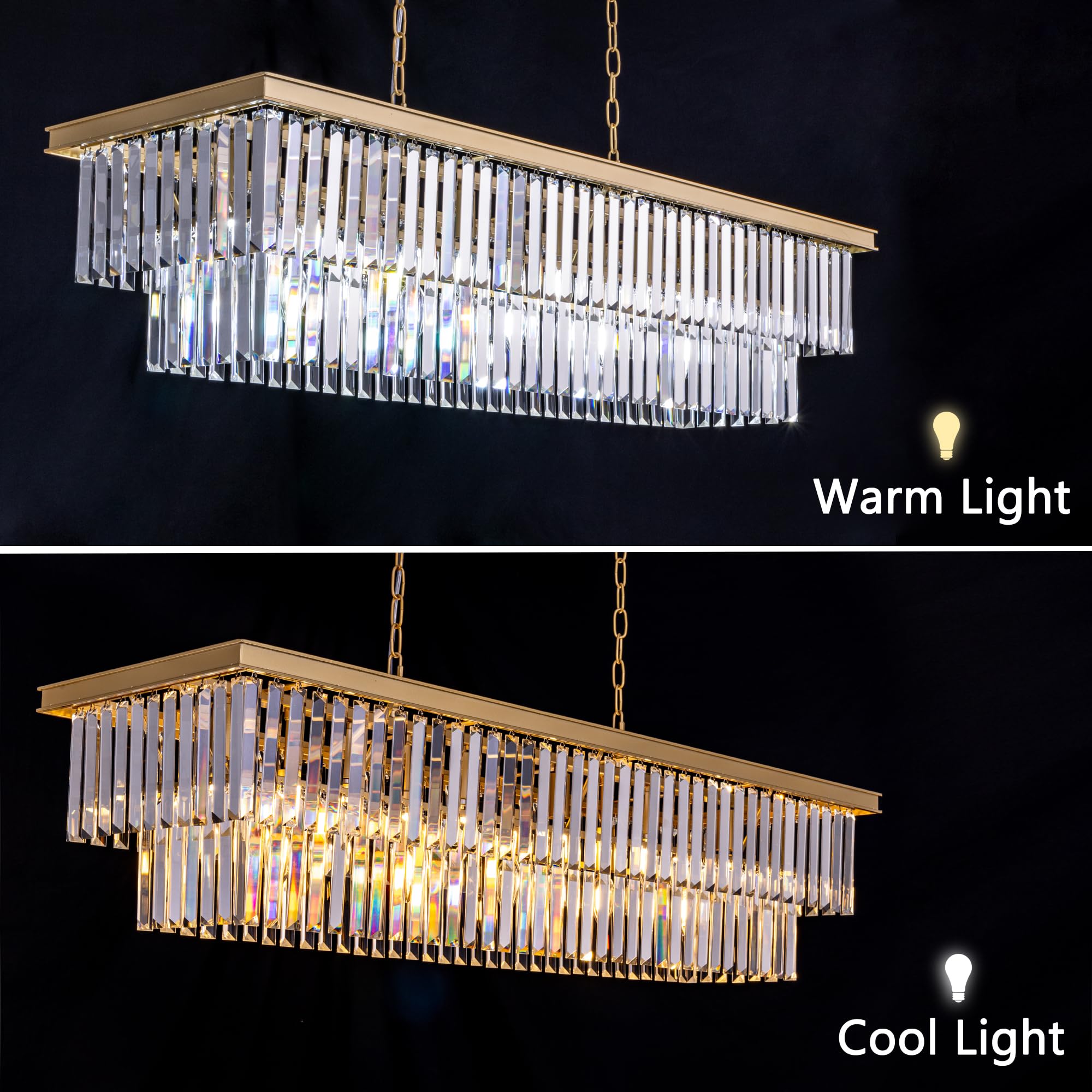Wellmet 11-Light Crystal Chandelier, 47" Gold Metal Linear Light Fixture for Living Room, Dining Room, Bedroom, Kitchen Island, Model DS-CCL001