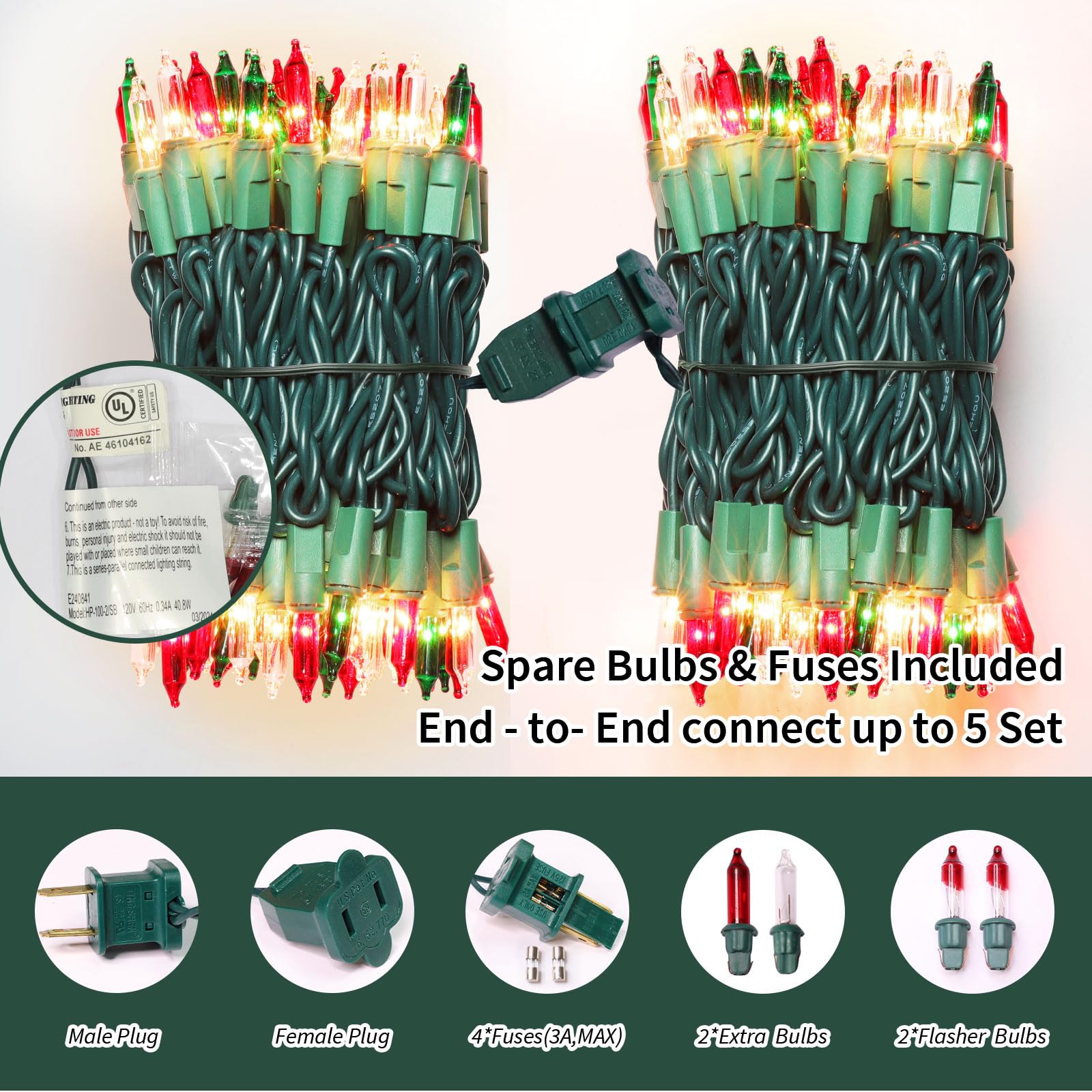 Lamphome Super-Bright Extendable Warm White Green Red Christmas Lights Decoration 100Lights 19.6Ft Ul Certified Mini Bulb String Lights For Outdoor Christmas Tree Garden Patio Wedding Decor