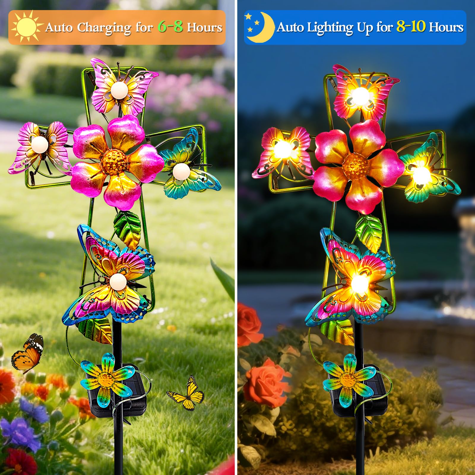 YJFWAL Solar Butterfly Cross Garden Stake Light, Metal, Warm White, Model Butterfly Cross-1, Cemetery Decoration