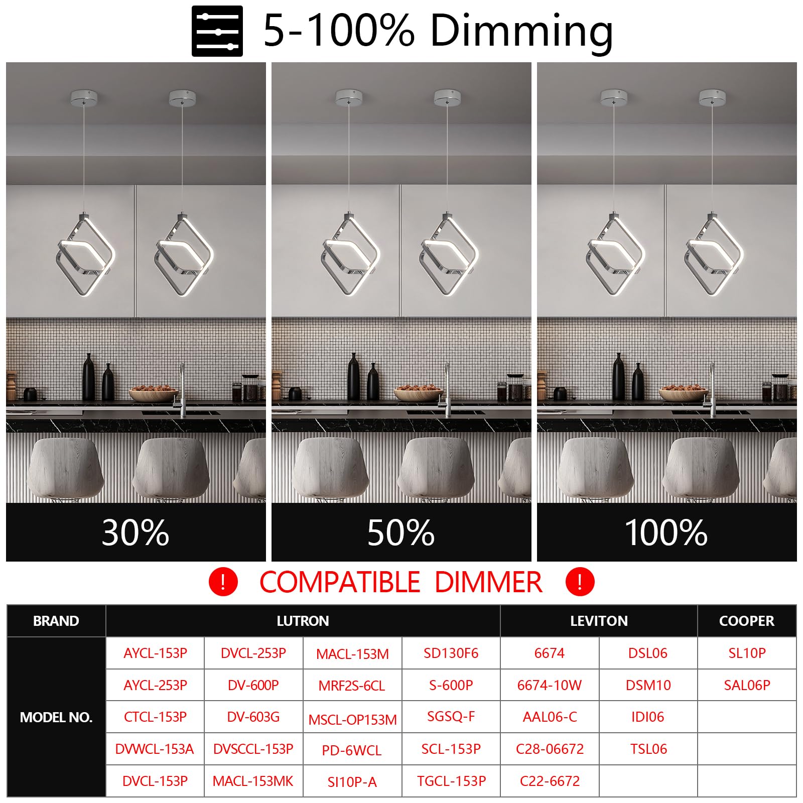 BNHHLZ Modern LED Chandelier, Chrome Rectangular Pendant Light, 4000K 20W, Dimmable, Height Adjustable, 3-Pack
