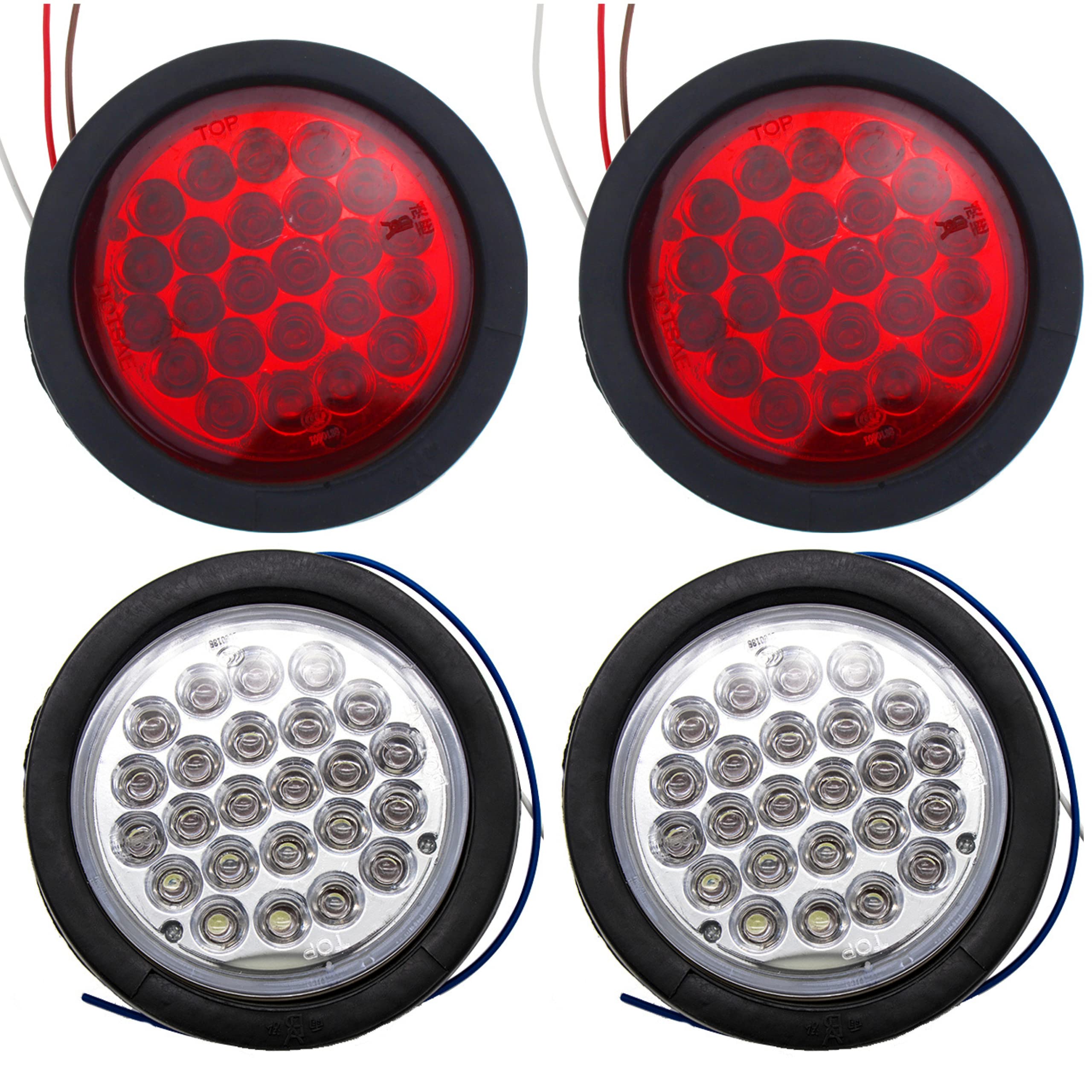 All Star Truck Parts 4in Round LED Trailer Tail Light, IP67 Waterproof, 24 LEDs, 2 Red + 2 White, Model ASTPL012R4C2