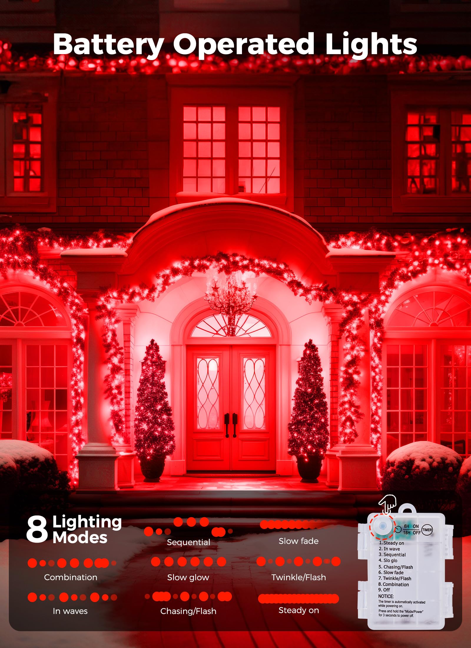 Minetom Battery Operated Christmas String Lights, 100 LED, 33FT, Waterproof, 8 Modes, Red, 2 Pack