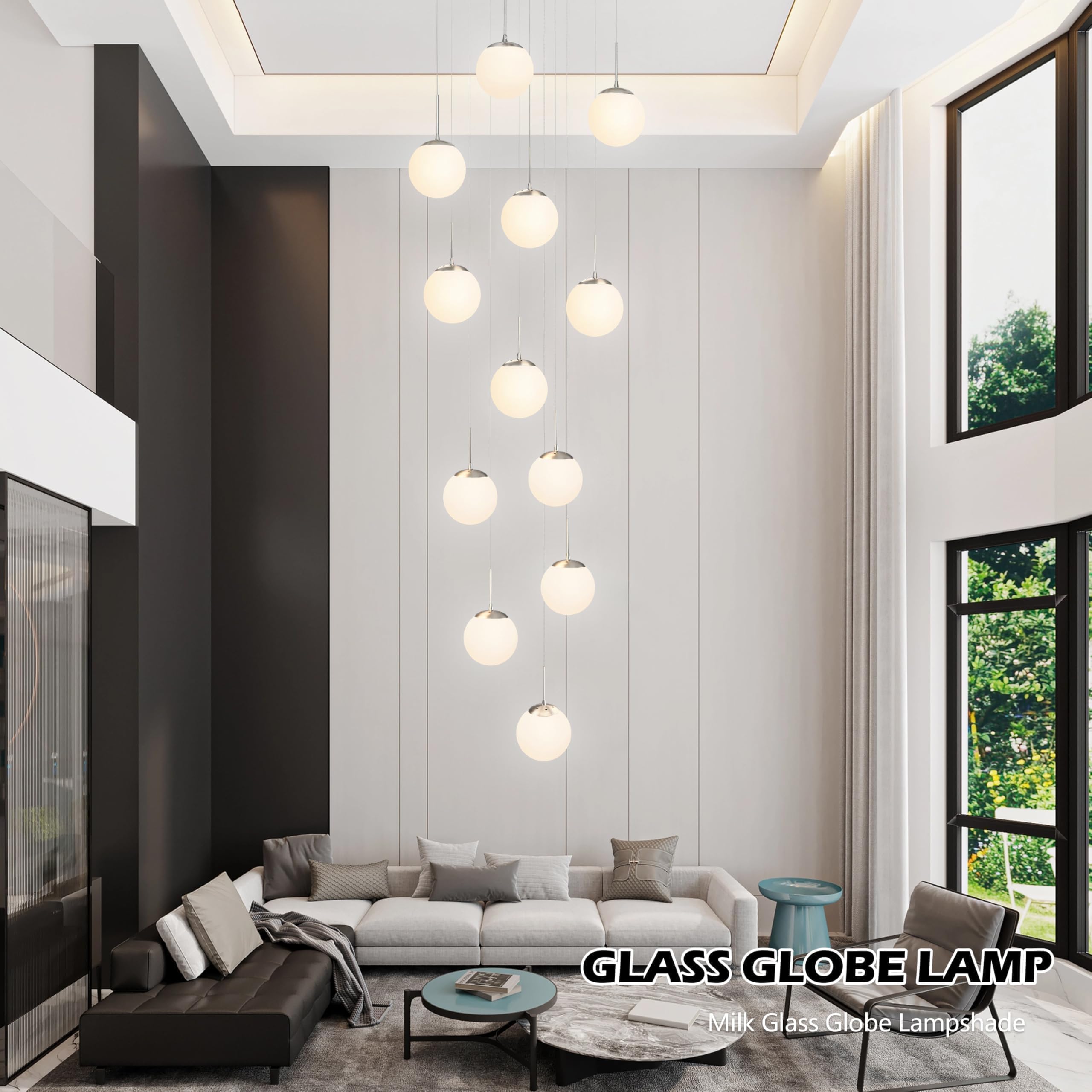 Koko&Yukina 12-Light Nickel Mid Century Modern Chandelier For Living Room Staircase Chandelier For Entryway Globe Milky White Gl