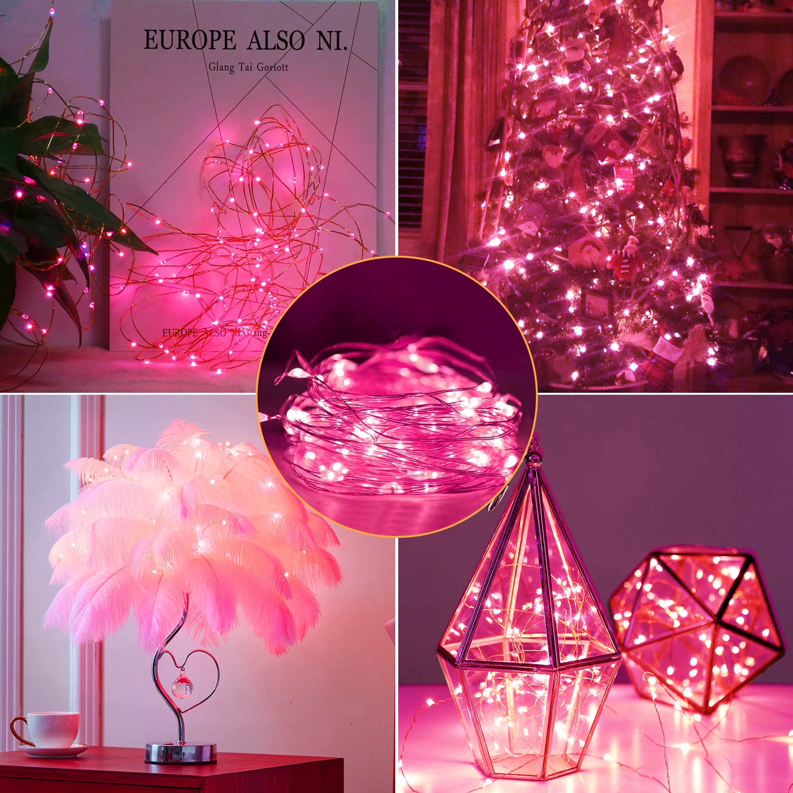 Camantu 12 Pack Fairy Lights Battery Operated, 7Ft 20Led Valentines Day Lights Battery Operated Waterproof Silver Wire For Diy Mason Jar Bedroom Party Birthday Wedding Decorations String Lights(Pink)